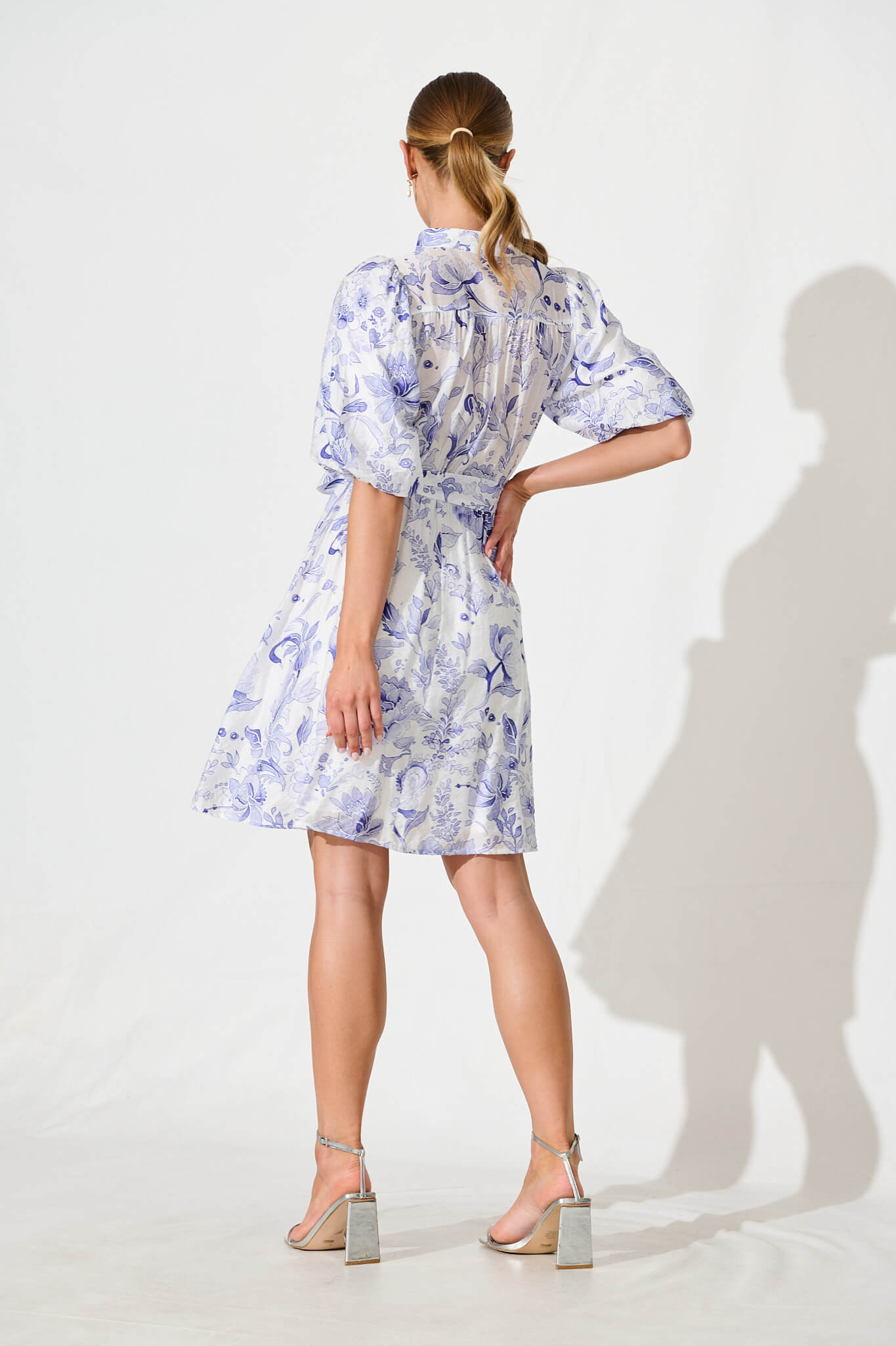 Aerida Dress in White with Blue Print Cotton Blend