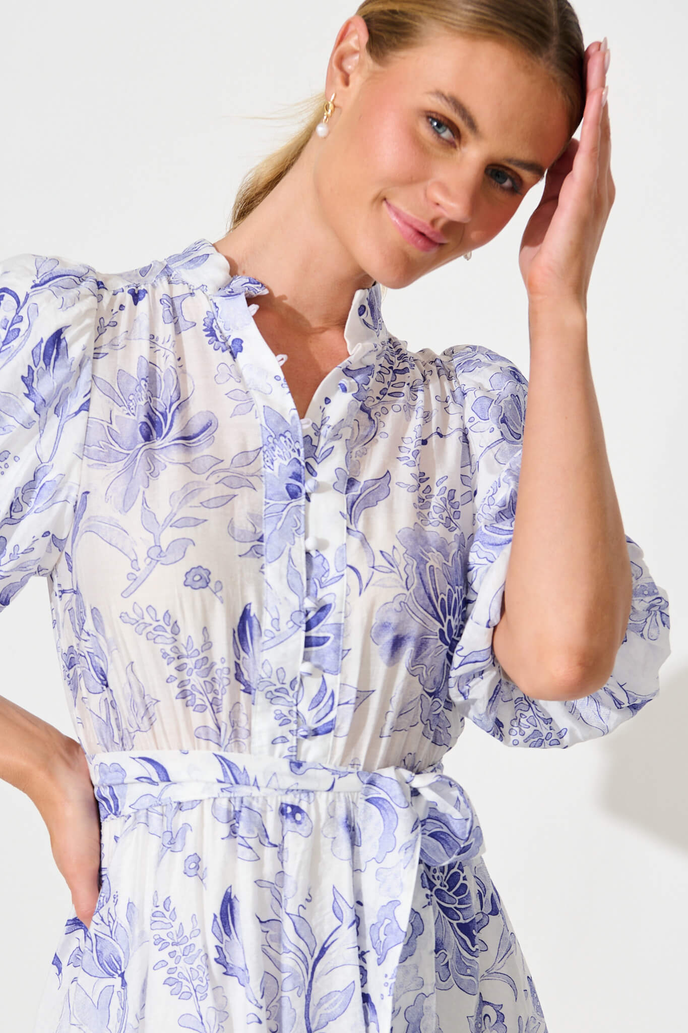 Aerida Dress in White with Blue Print Cotton Blend