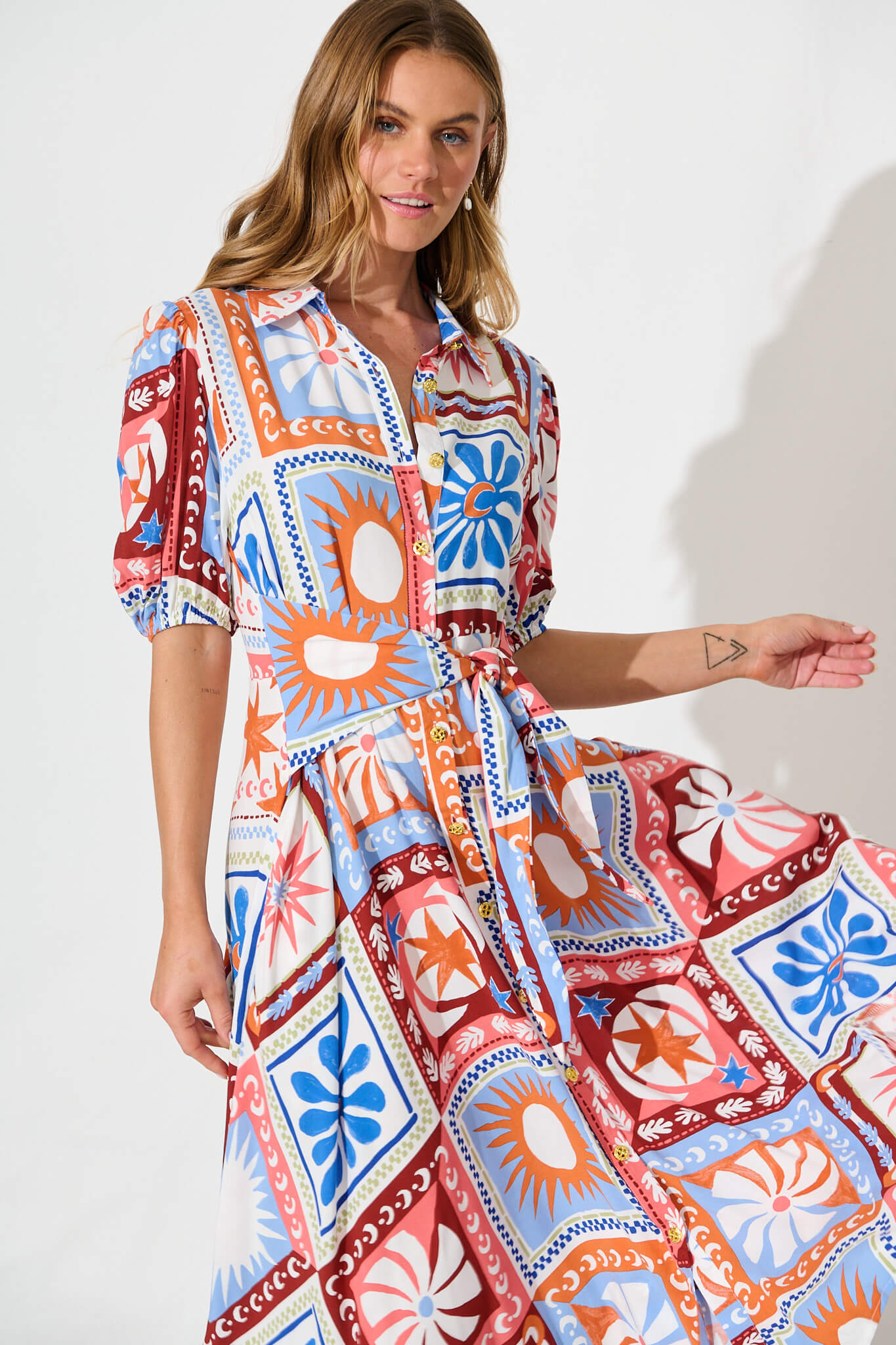 Bella Maxi Shirt Dress In White Multi Patchwork Print