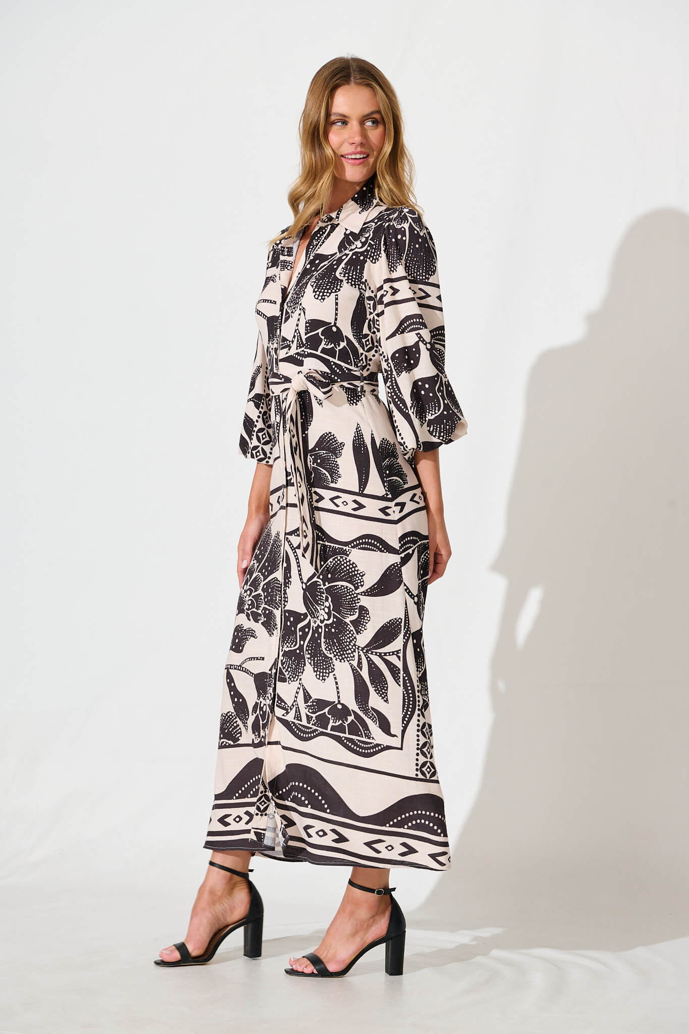 Eira Maxi Shirt Dress in Beige with Black Flower Linen Blend