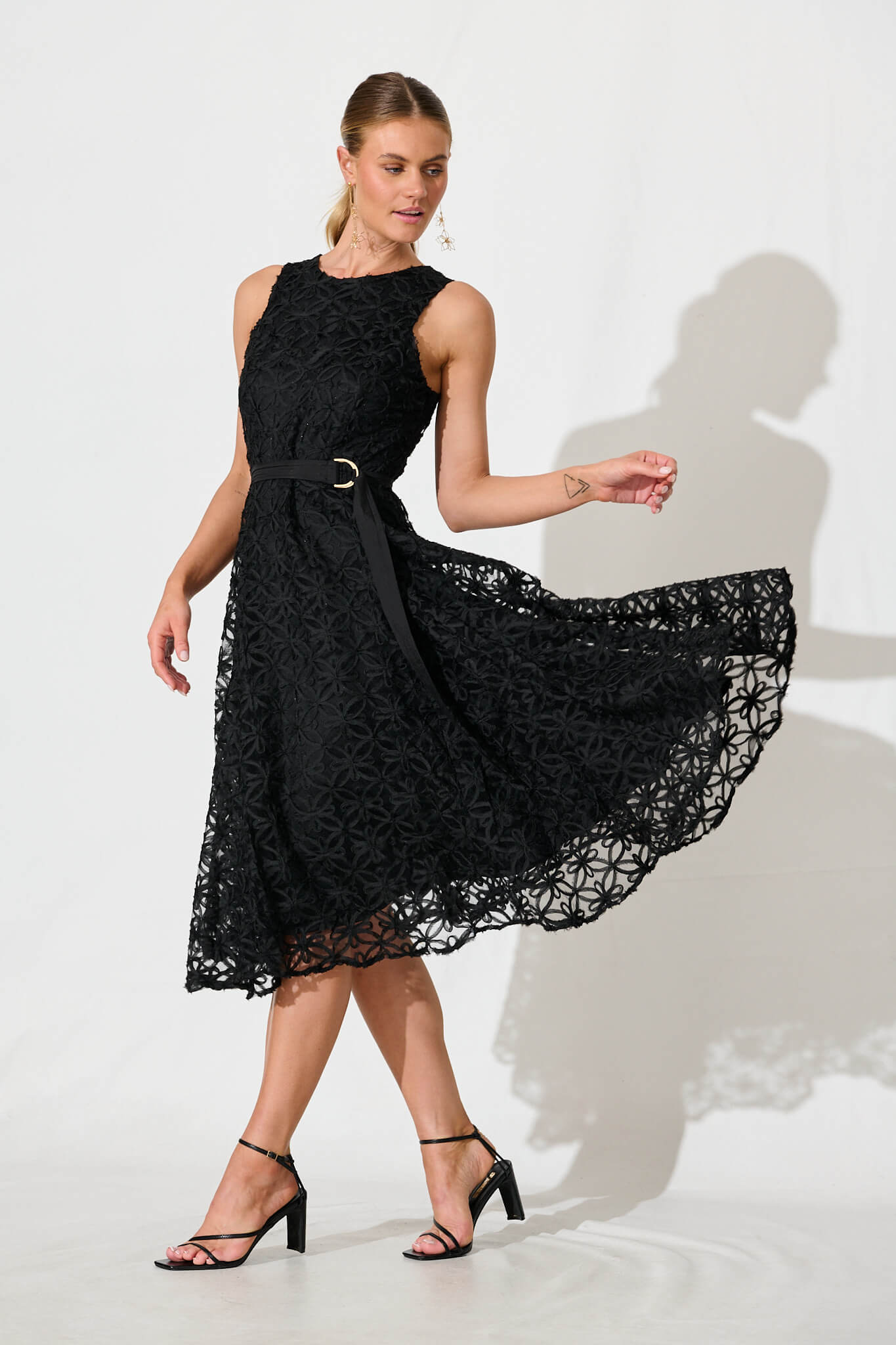 Osment Midi Dress In Black Floral Embroidered Tulle