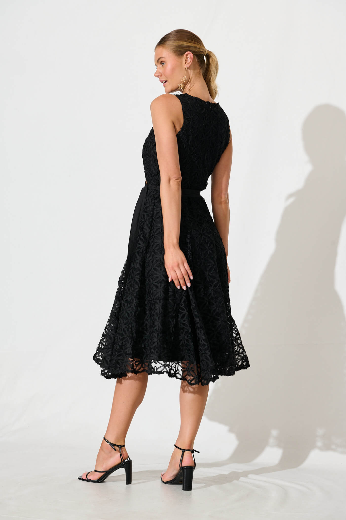 Osment Midi Dress In Black Floral Embroidered Tulle
