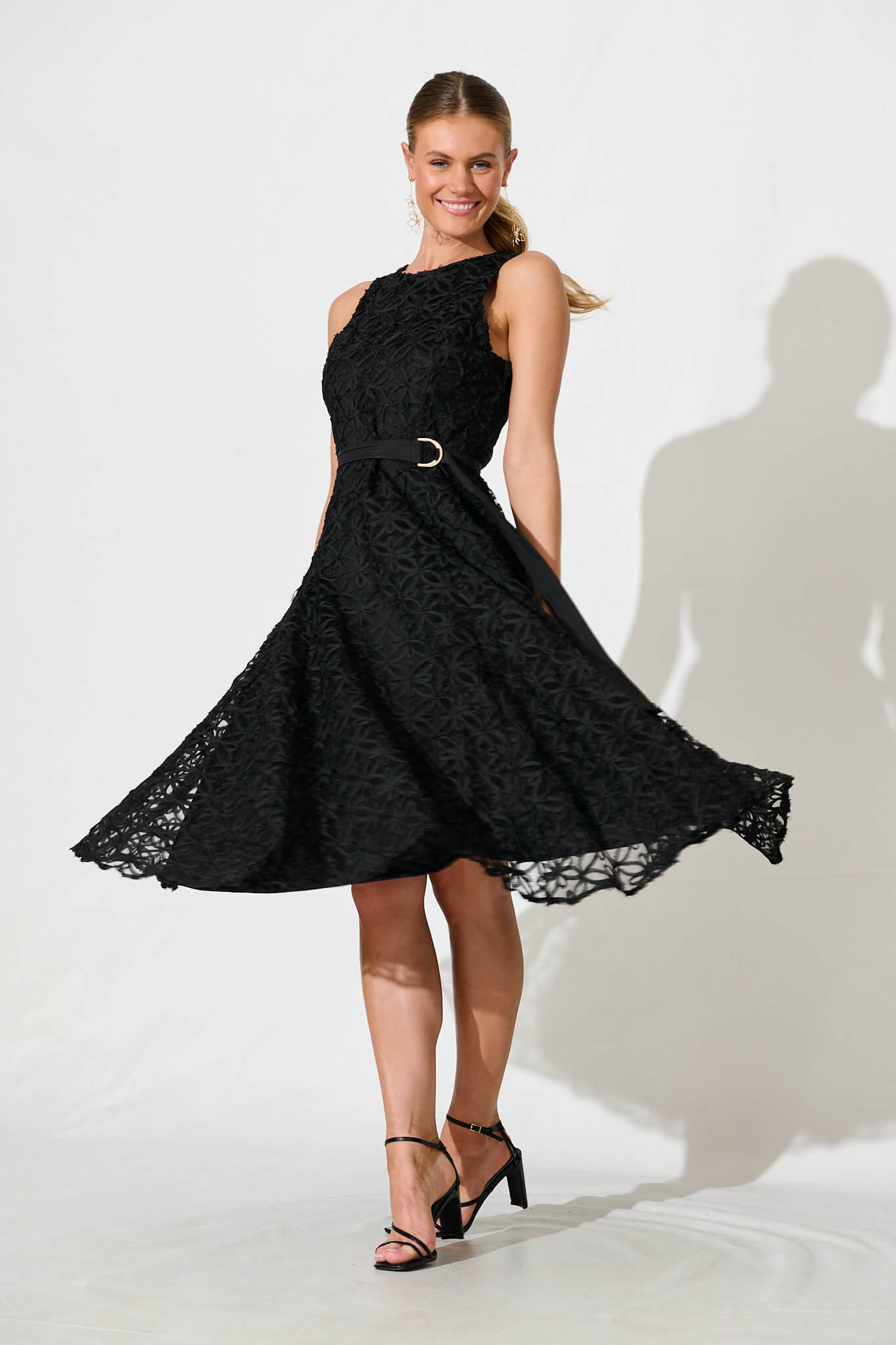Osment Midi Dress In Black Floral Embroidered Tulle