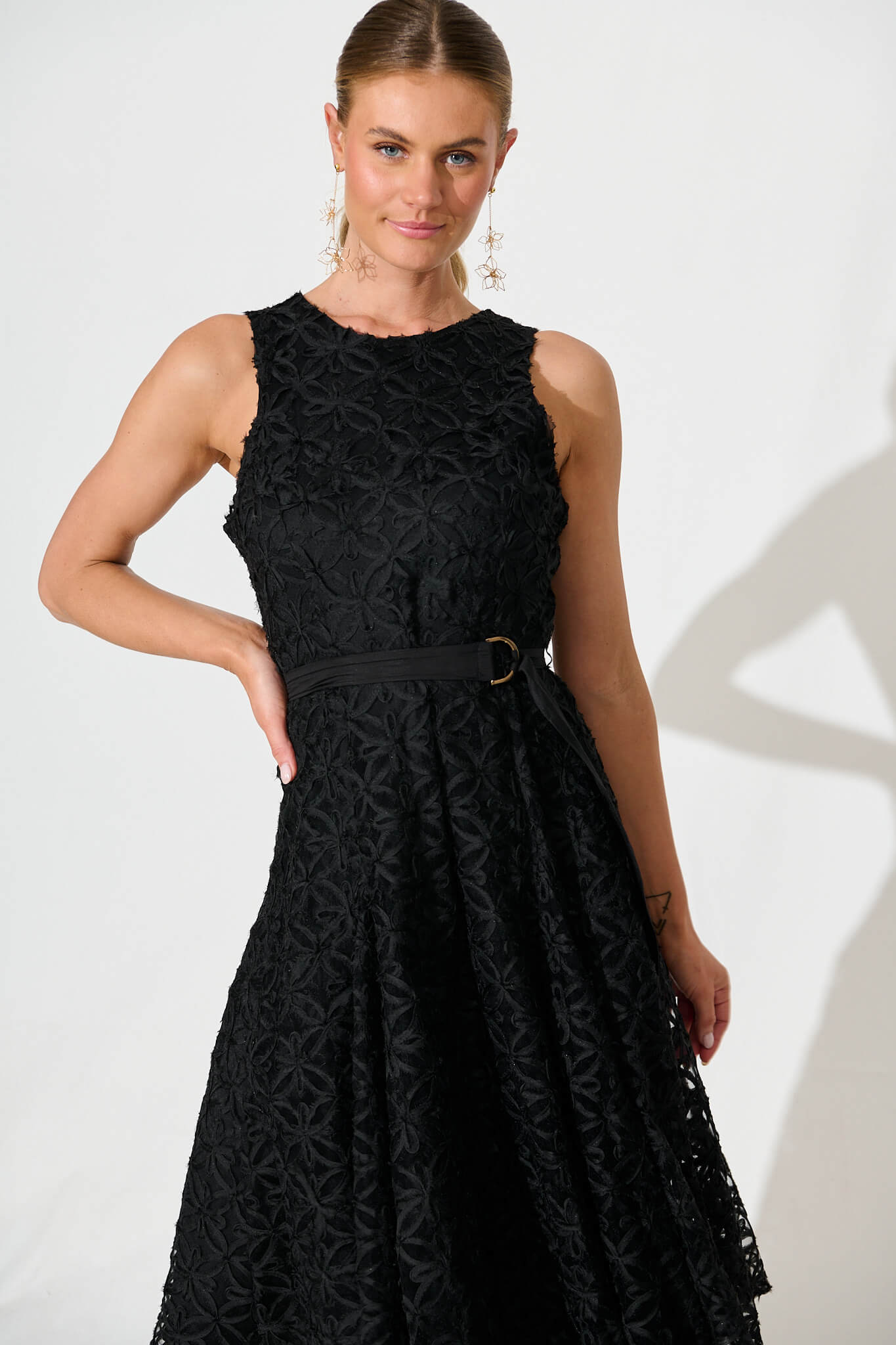 Osment Midi Dress In Black Floral Embroidered Tulle