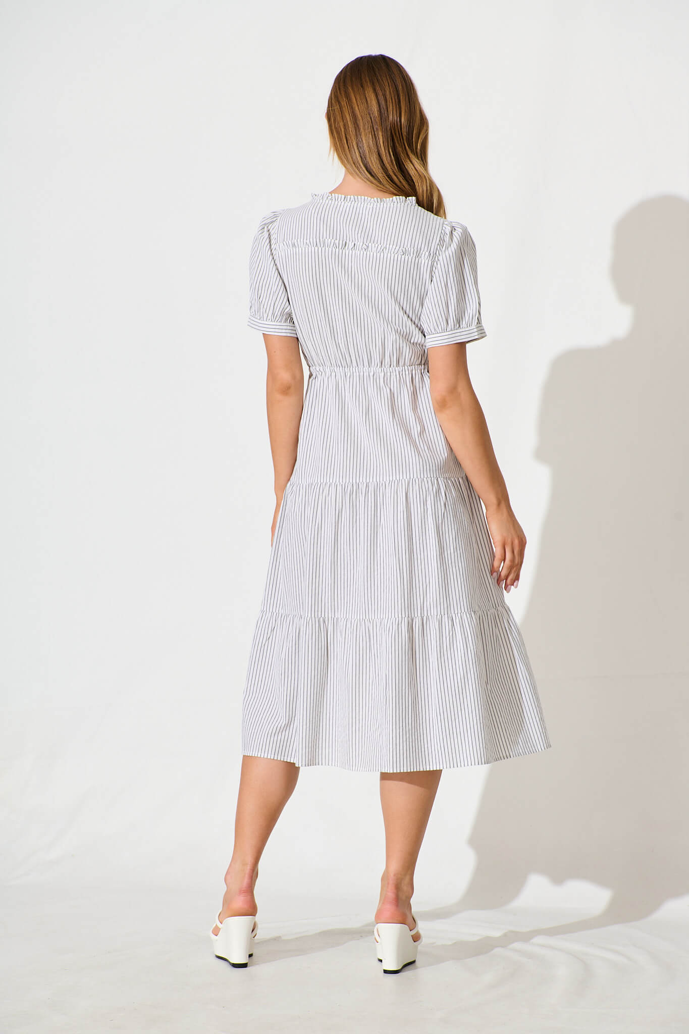 Micah Midi Dress in Black and White Stripe Cotton Blend