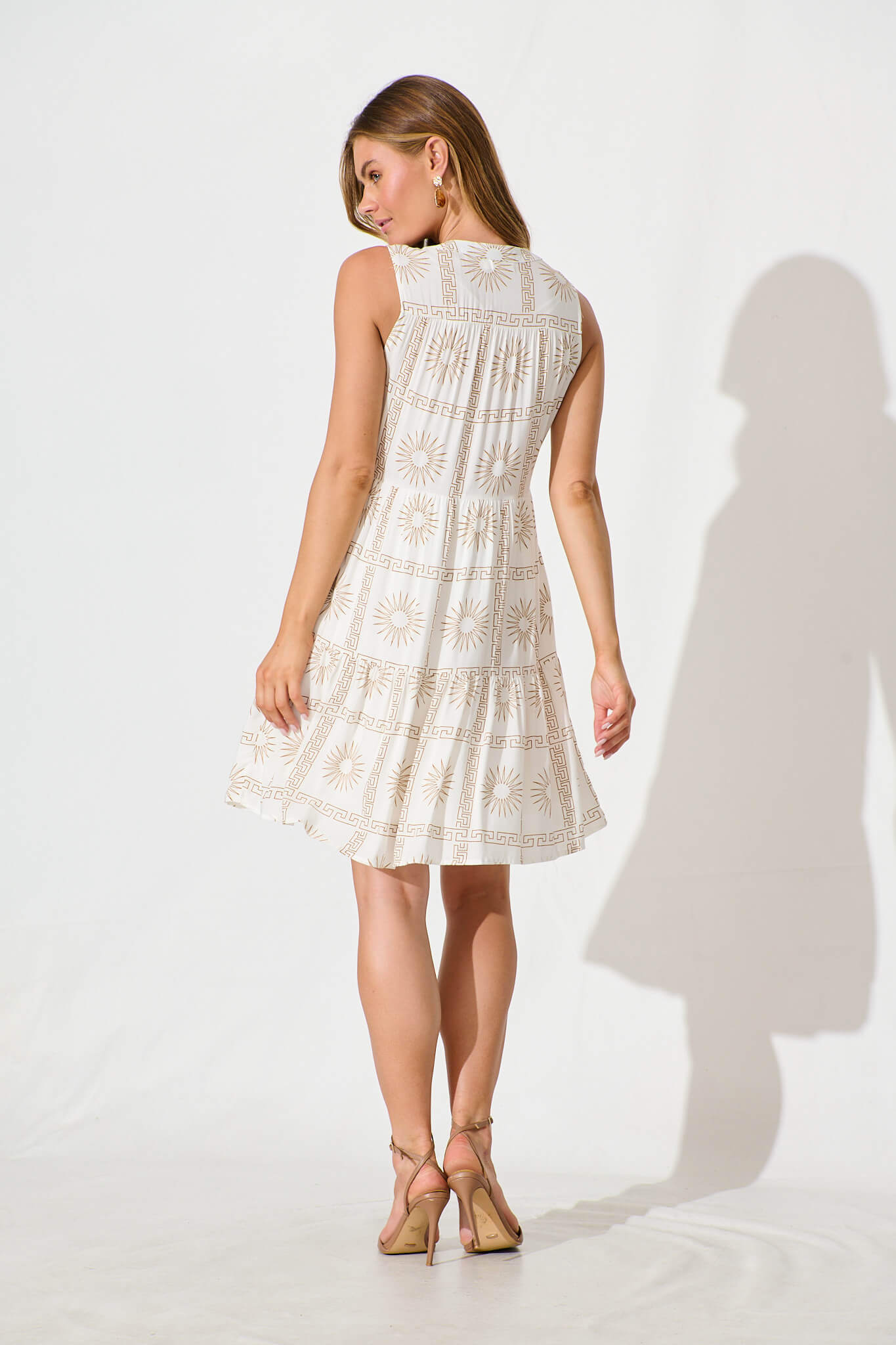 Bonny Smock Dress in Cream with Brown Sun Print