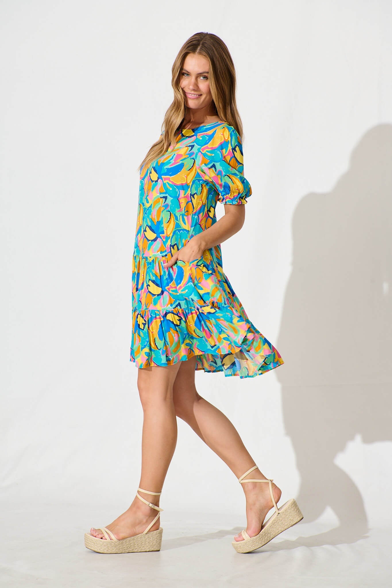Nyla Smock Dress in Blue Multi