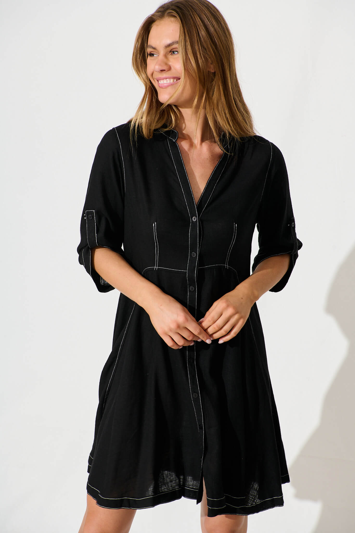 Cyrene Dress in Black Linen Blend