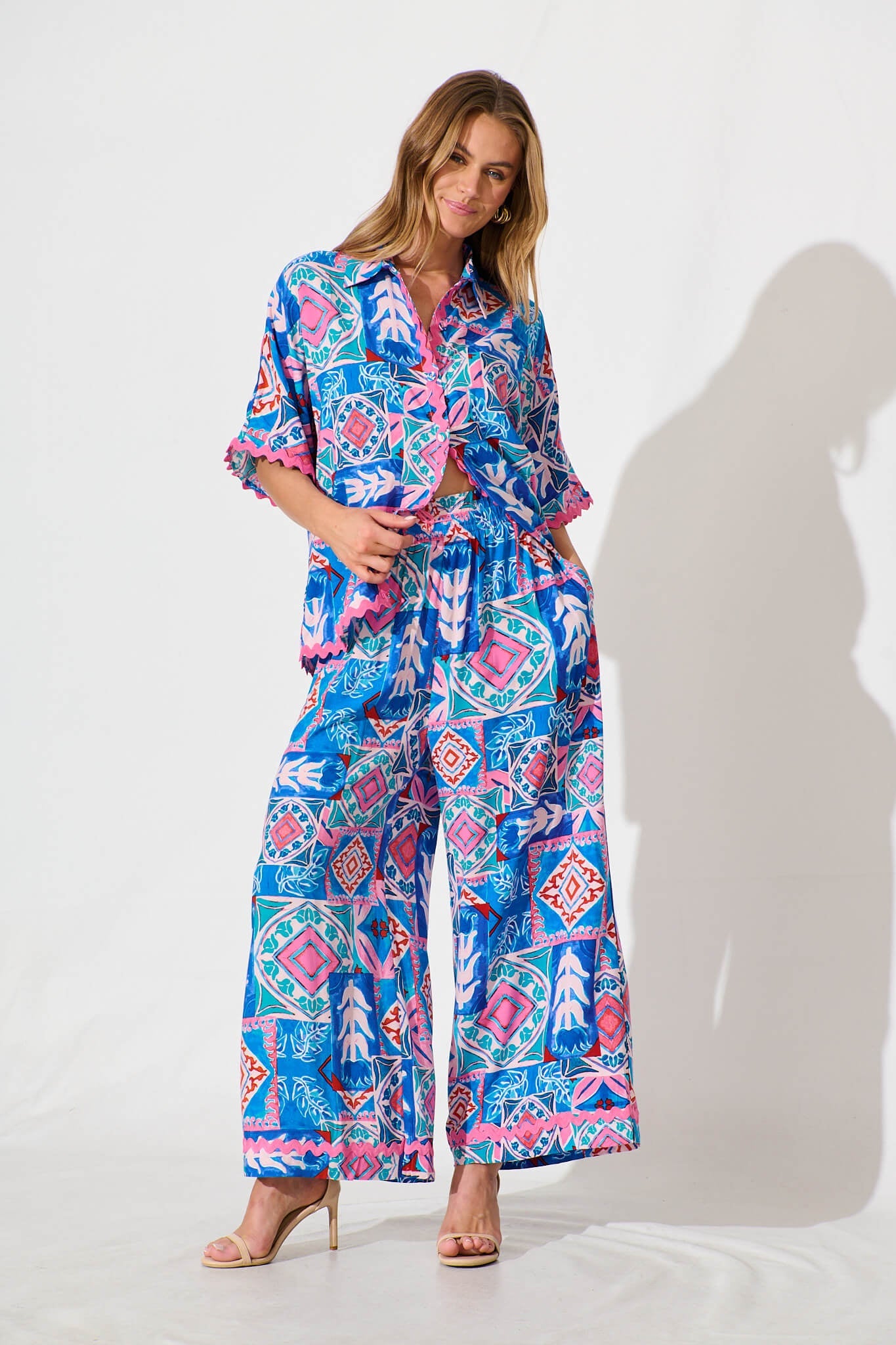 Dream Girl Shirt in Pink and Blue Multi with Ric Rac Trim