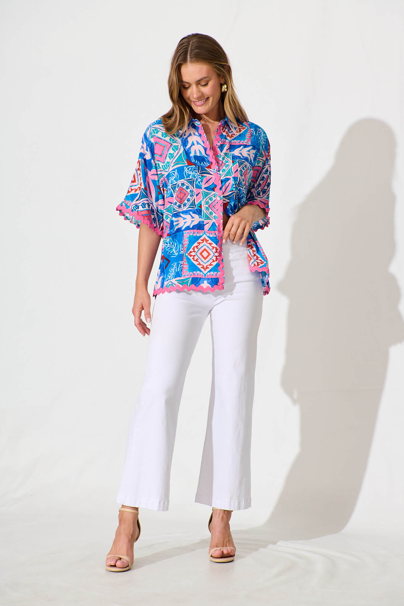 Dream Girl Shirt in Pink and Blue Multi with Ric Rac Trim