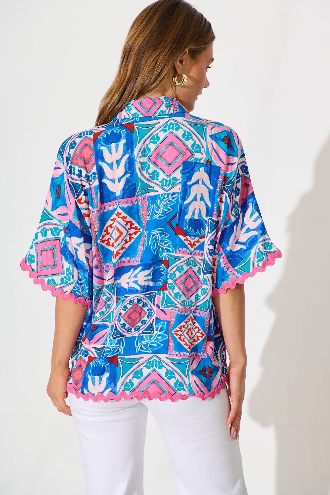 Dream Girl Shirt in Pink and Blue Multi with Ric Rac Trim
