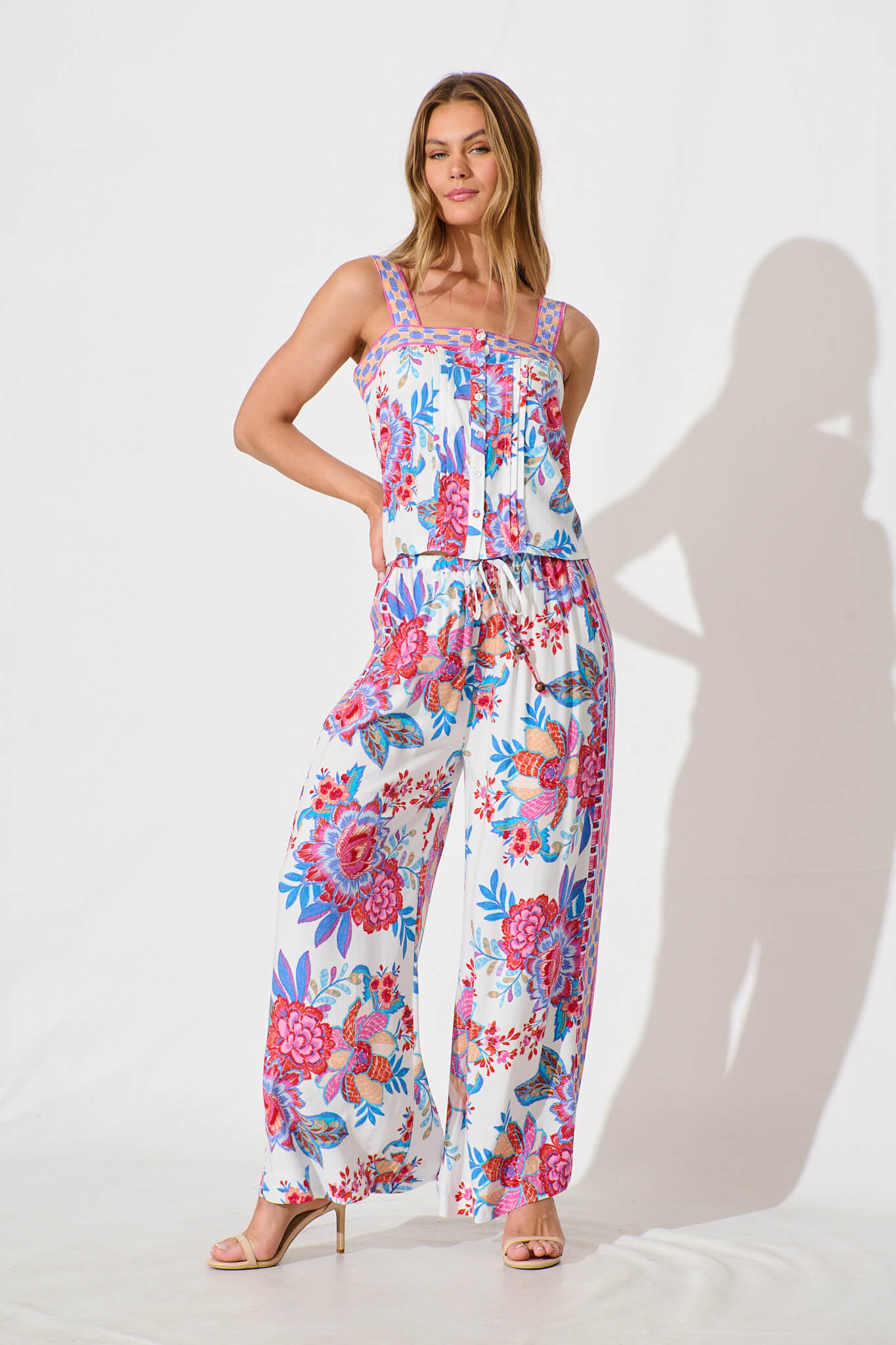 Liliana Cami Top In Pink Multi Floral Border Print