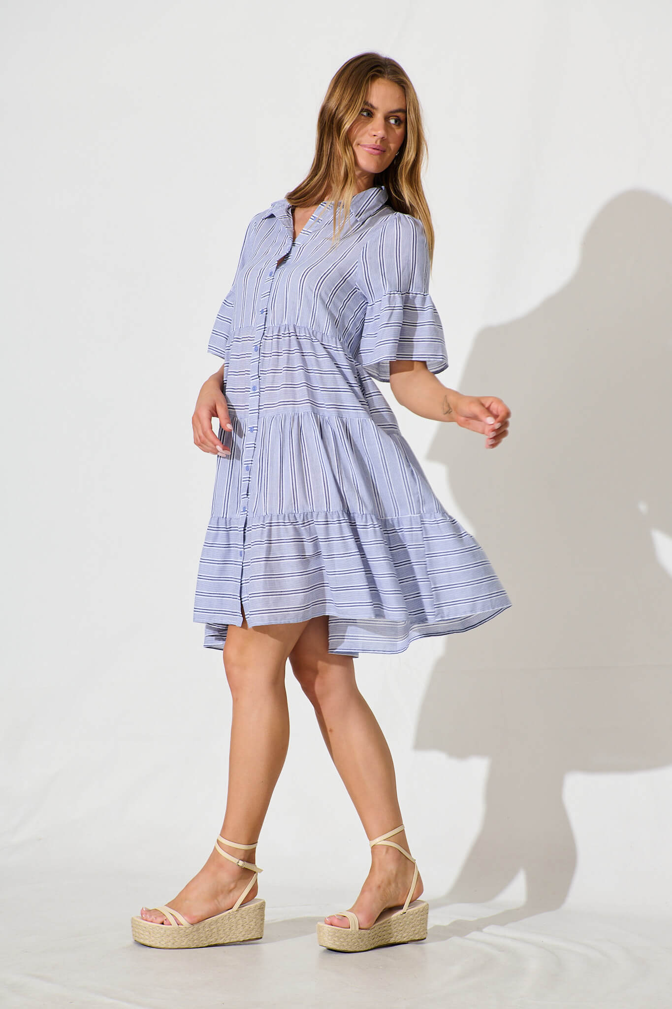 Glorianna Smock Dress In Blue With White Stripe Cotton