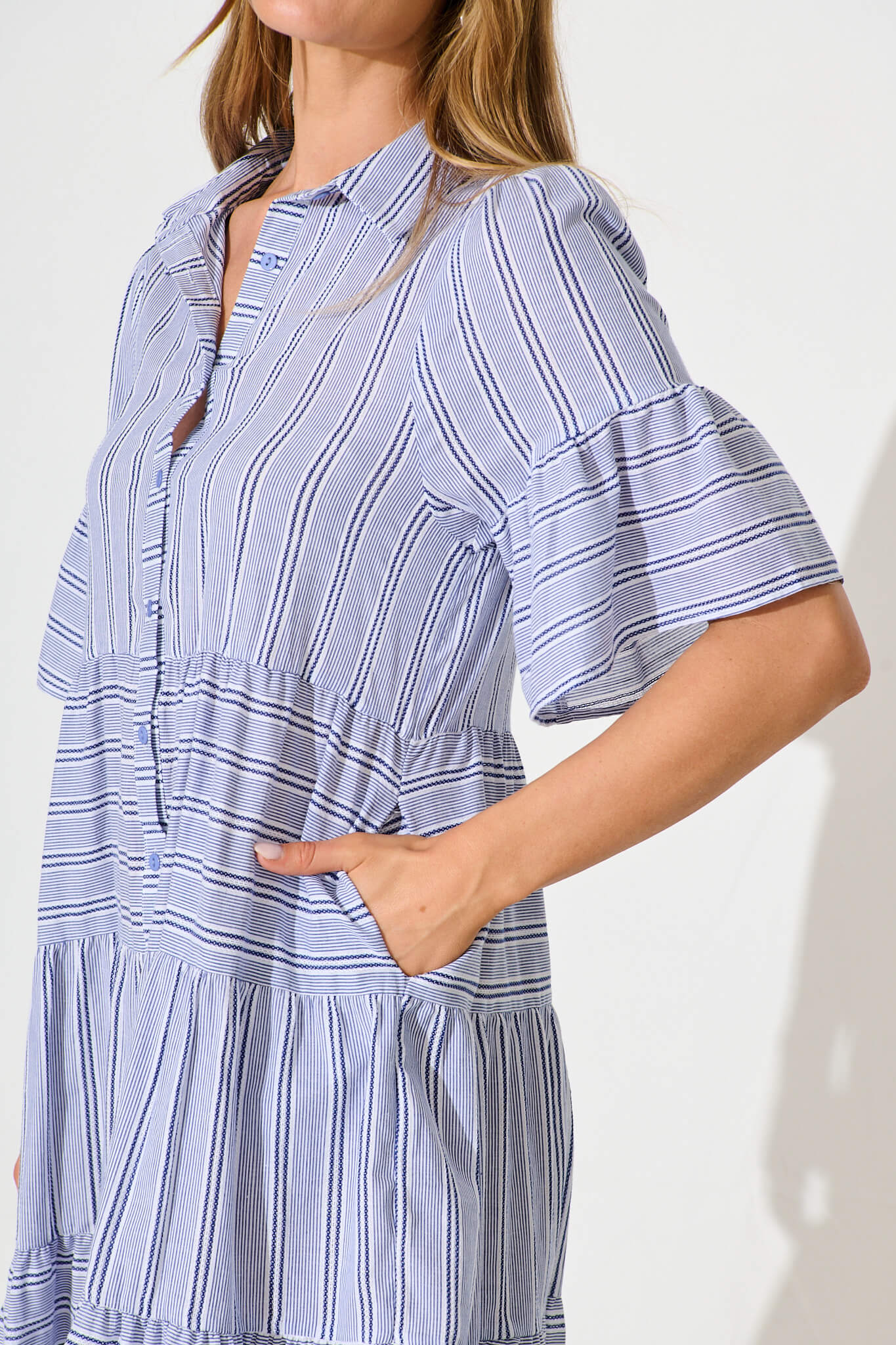 Glorianna Smock Dress In Blue With White Stripe Cotton