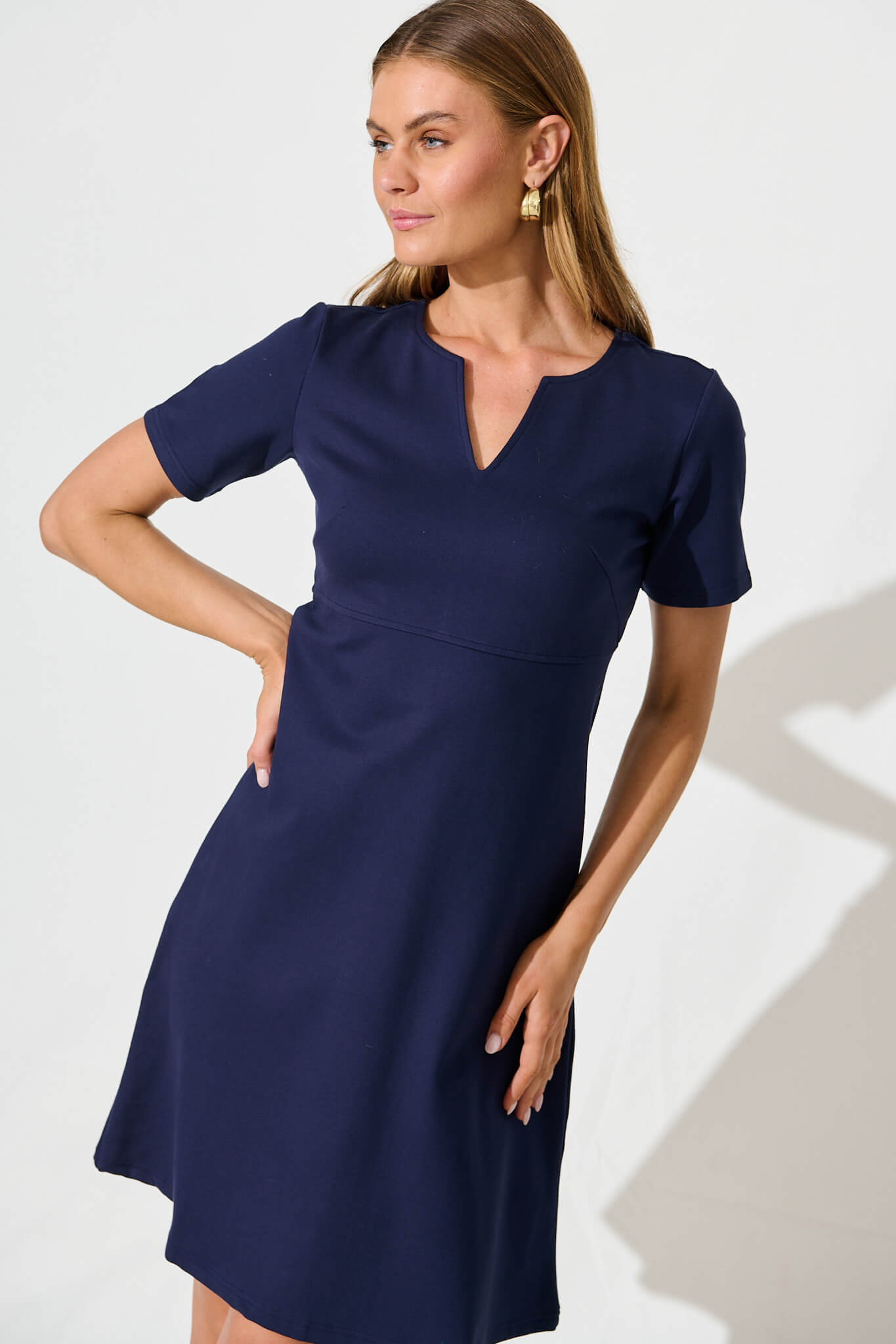 Workflow Stretch V neck Dress in Navy