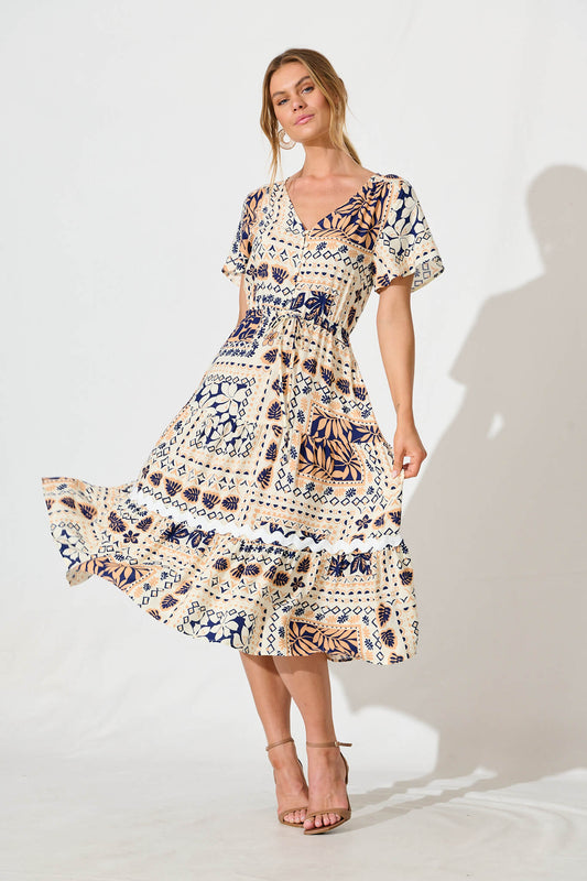 Laconia Midi Dress in Cream and Navy Patchwork with Ric Rac Trim