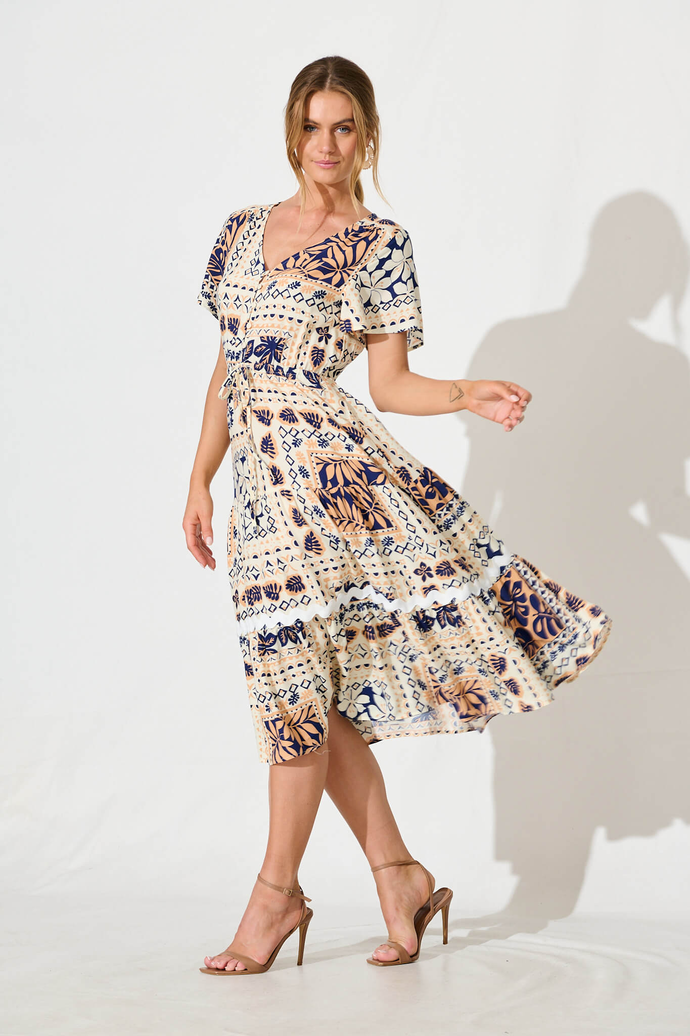 Laconia Midi Dress in Cream and Navy Patchwork with Ric Rac Trim