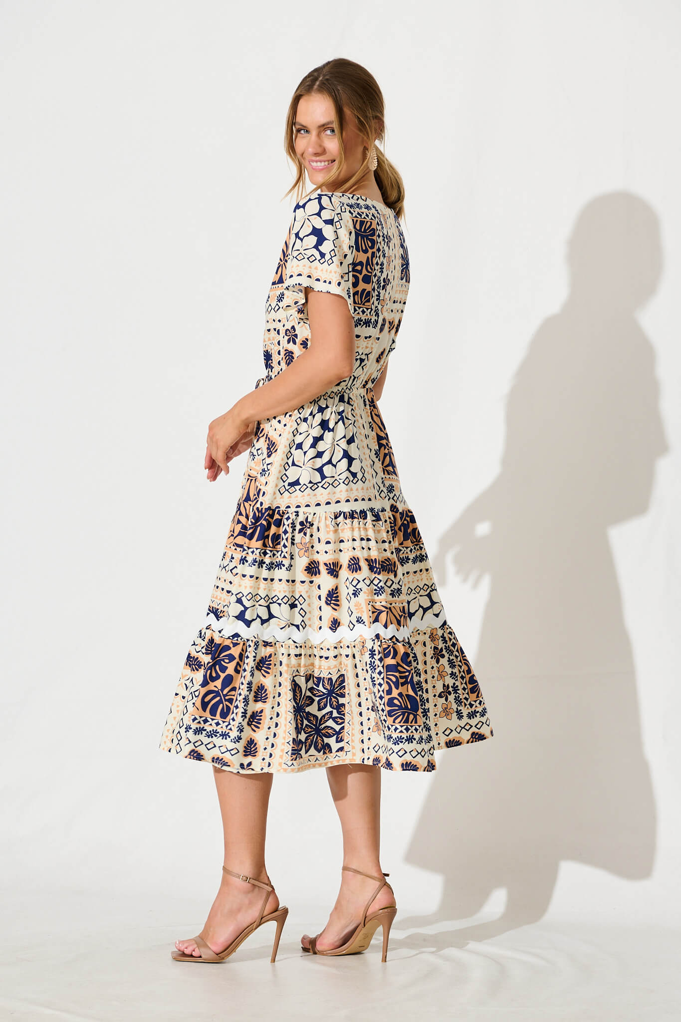 Laconia Midi Dress in Cream and Navy Patchwork with Ric Rac Trim