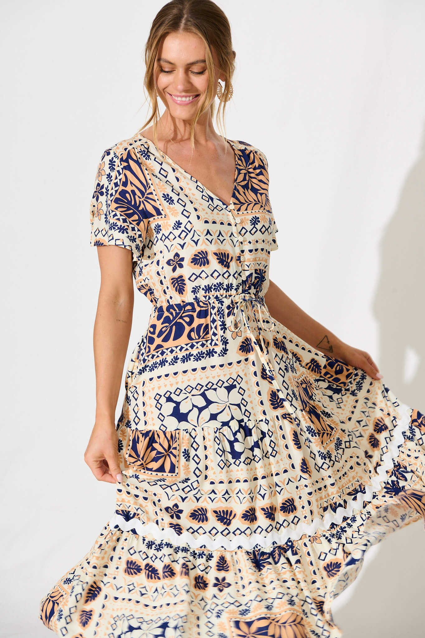 Laconia Midi Dress in Cream and Navy Patchwork with Ric Rac Trim