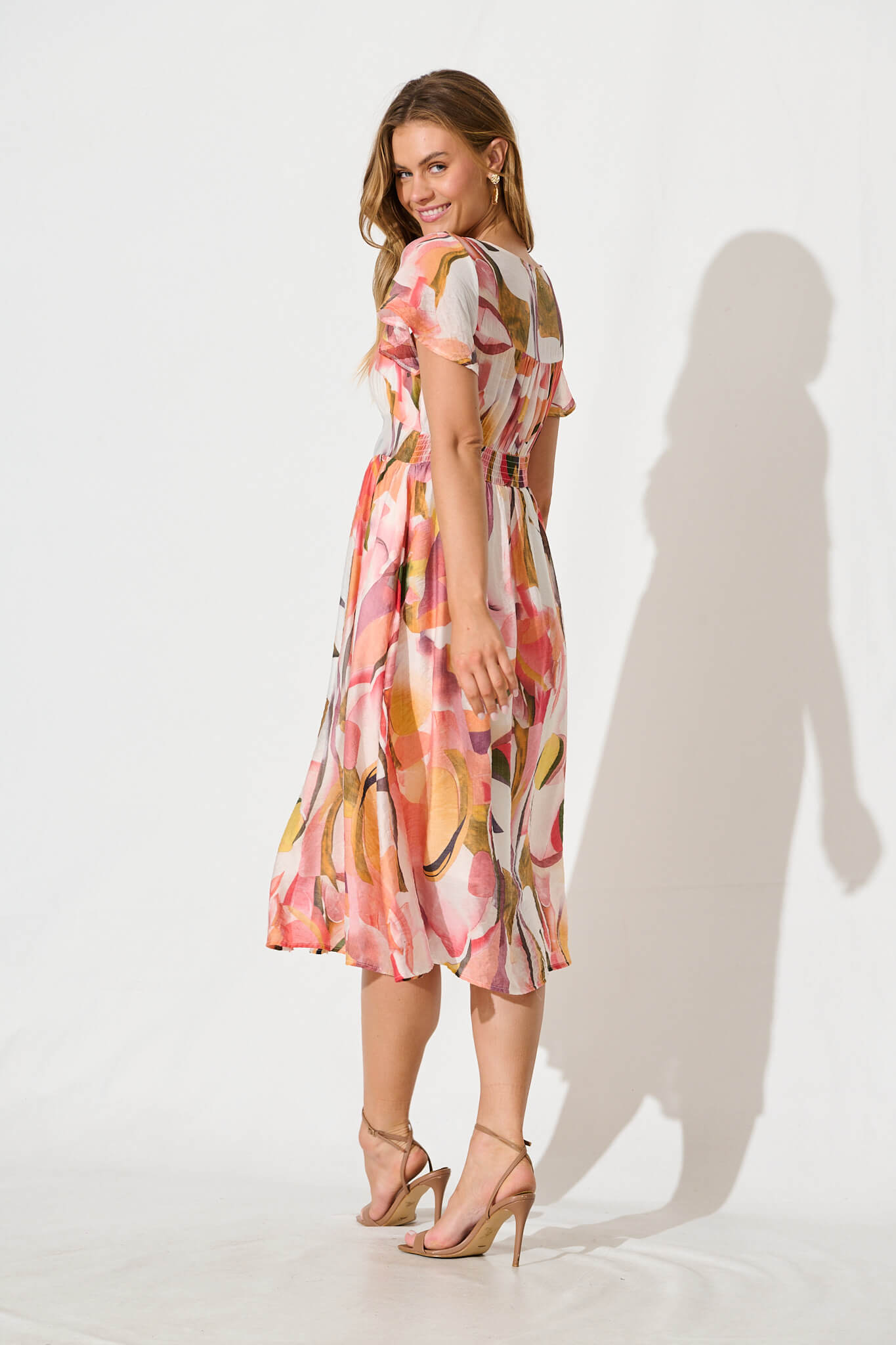 Jocely Midi Dress in White with Multi Floral