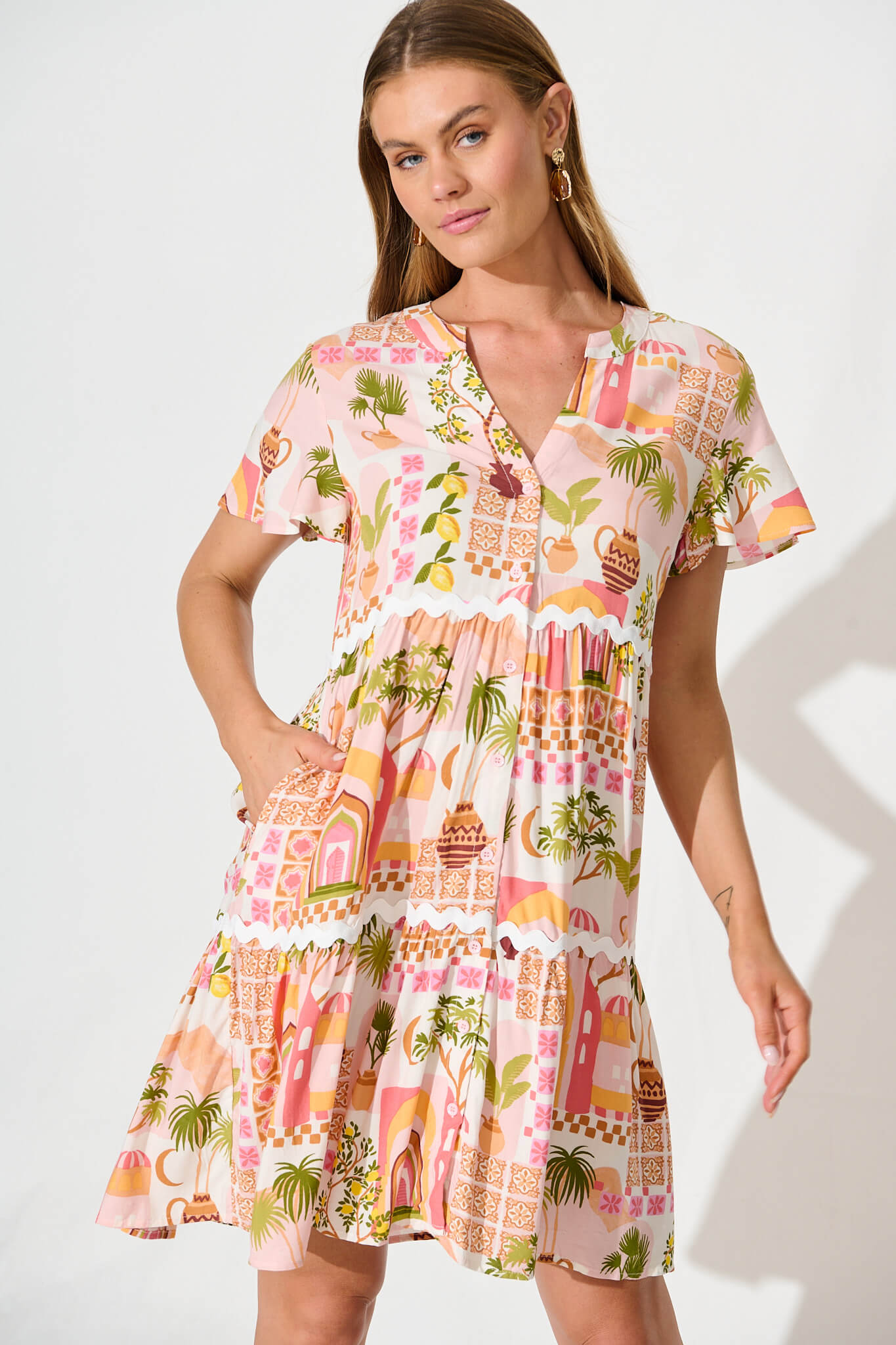 Island Dreams Smock Dress in Blush Multi With Ric Rac Trim