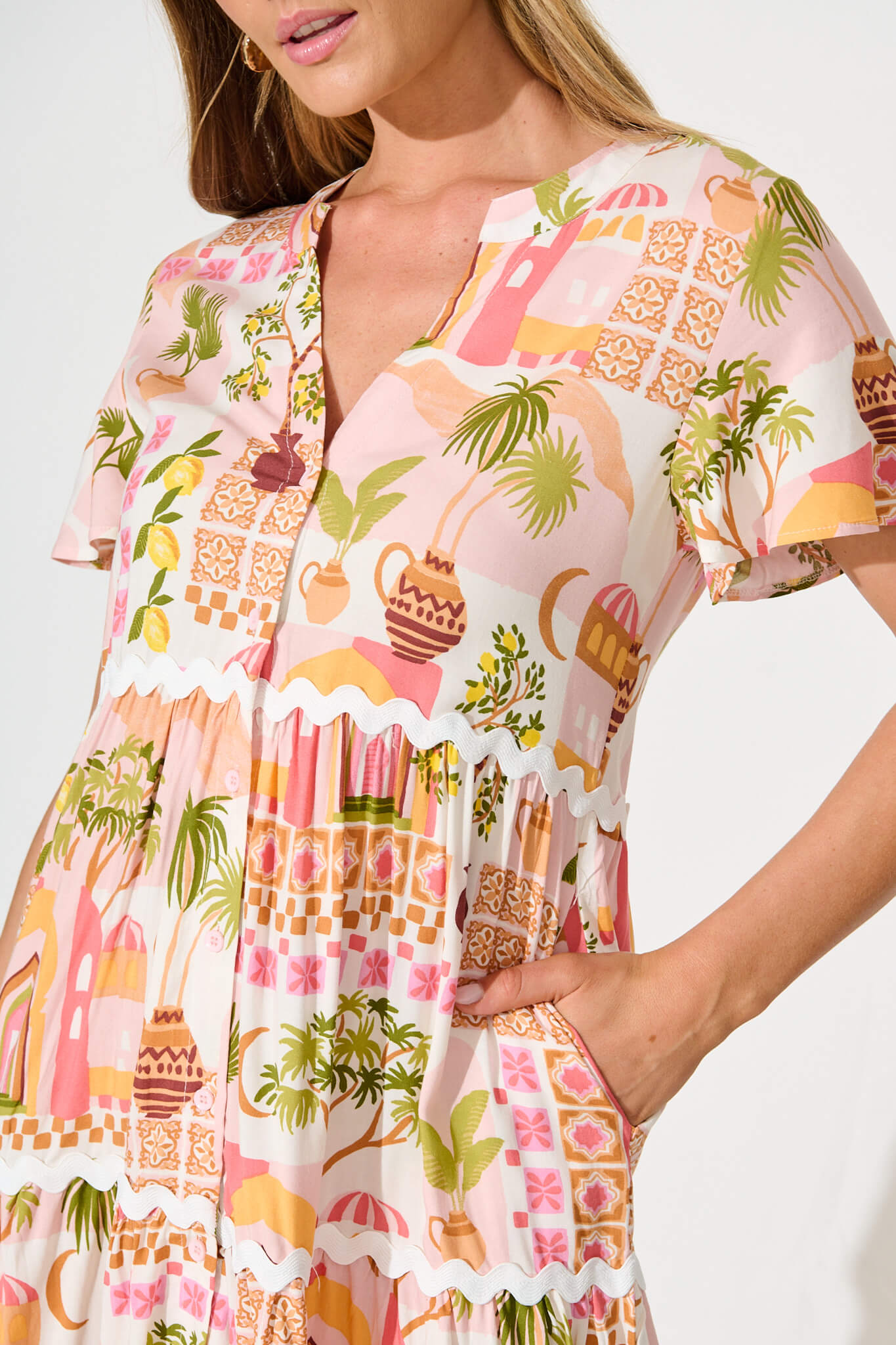 Island Dreams Smock Dress in Blush Multi With Ric Rac Trim