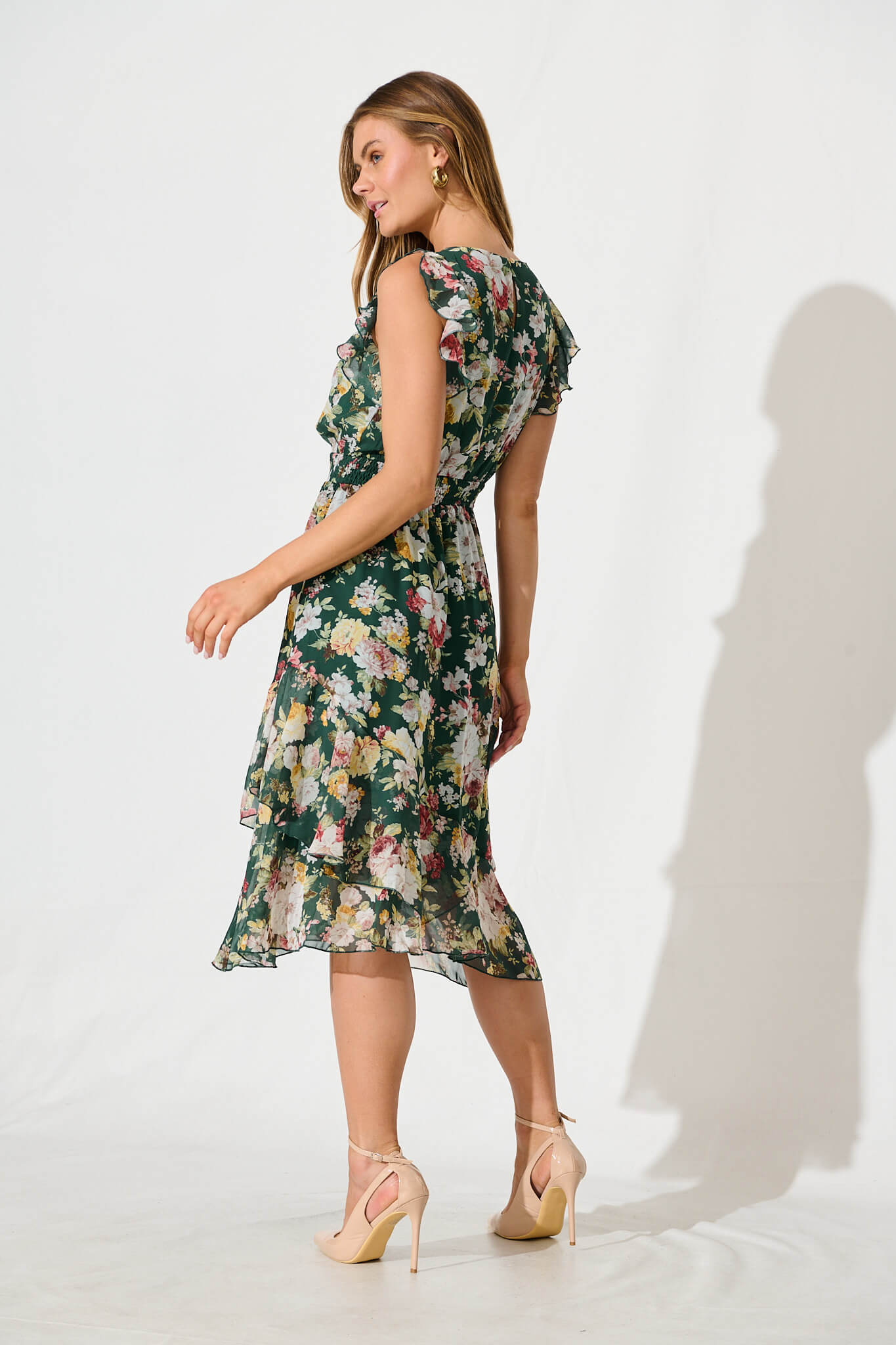 Inaya Midi Dress in Emerald with Multi Floral Chiffon