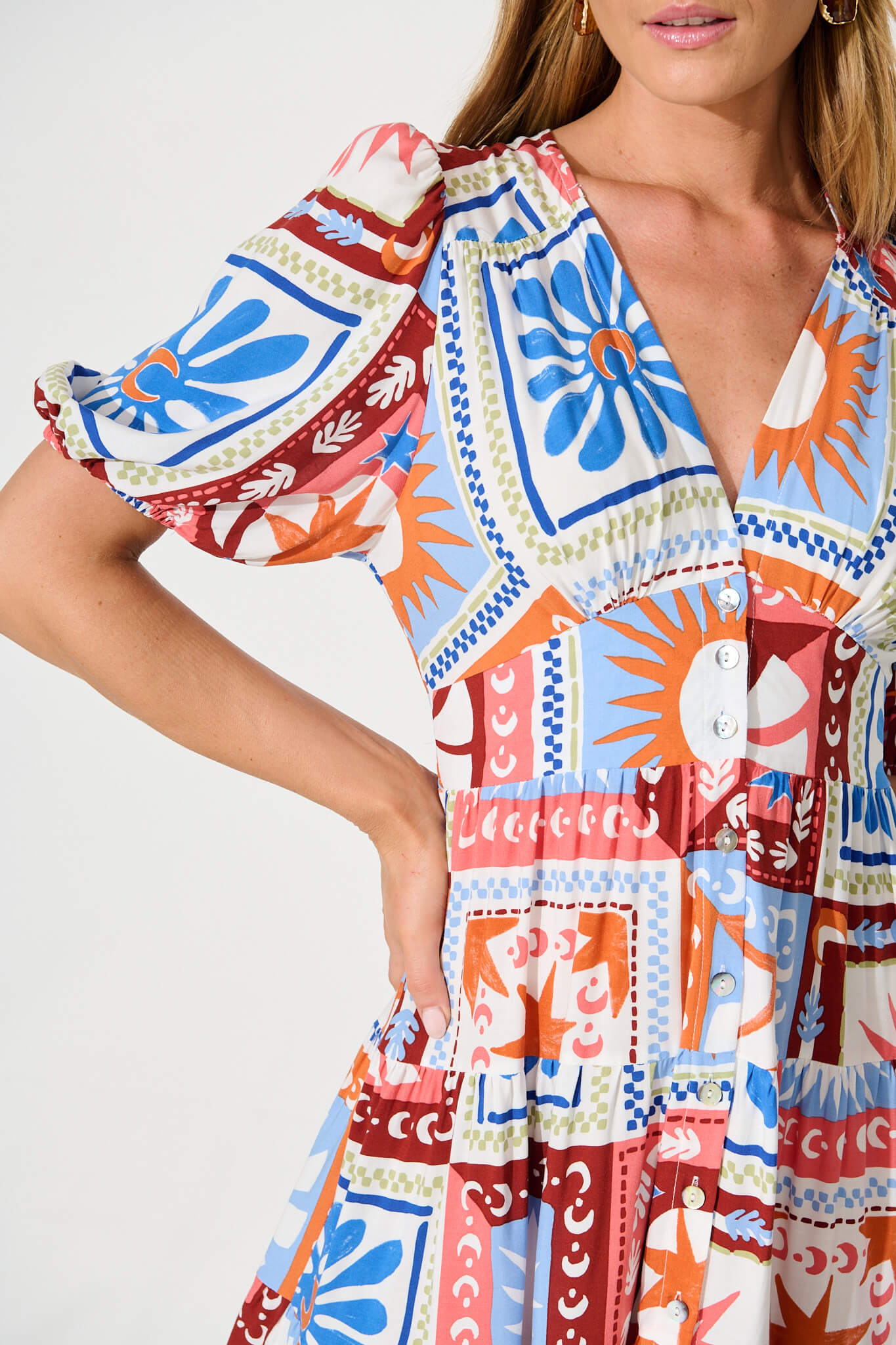 Lazio Dress in White Multi Patchwork Print