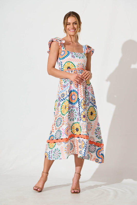 Miami Midi Dress in White Multi Print with Ric Rac Trim