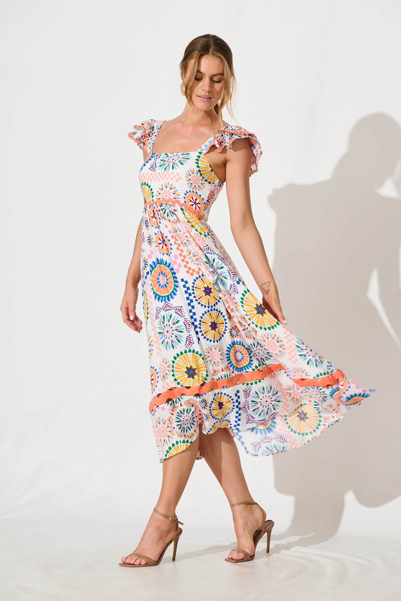 Miami Midi Dress in White Multi Print with Ric Rac Trim
