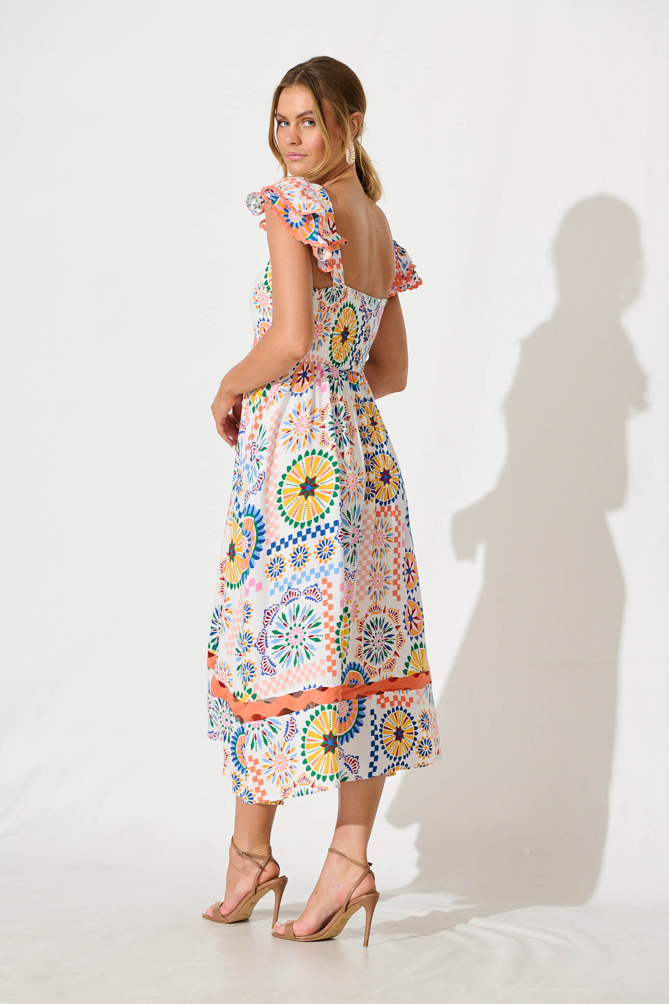 Miami Midi Dress in White Multi Print with Ric Rac Trim