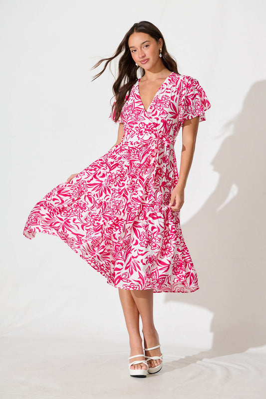 Kristianne Midi Dress In White With Pink Floral