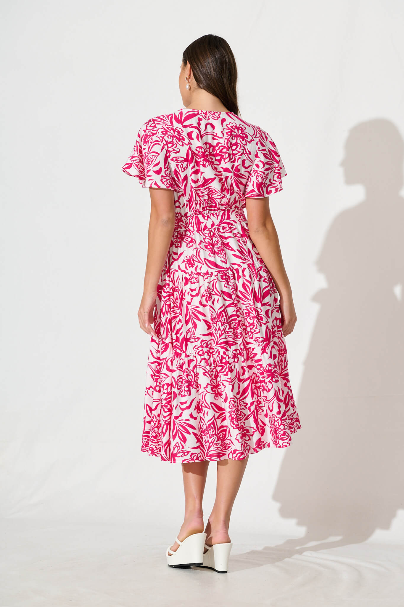 Kristianne Midi Dress In White With Pink Floral