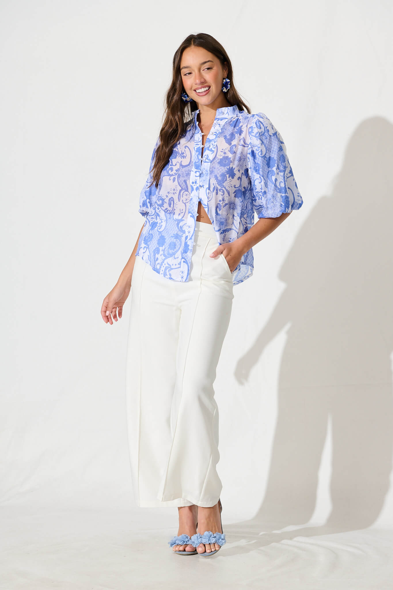 Prudence Shirt in Blue with White Print