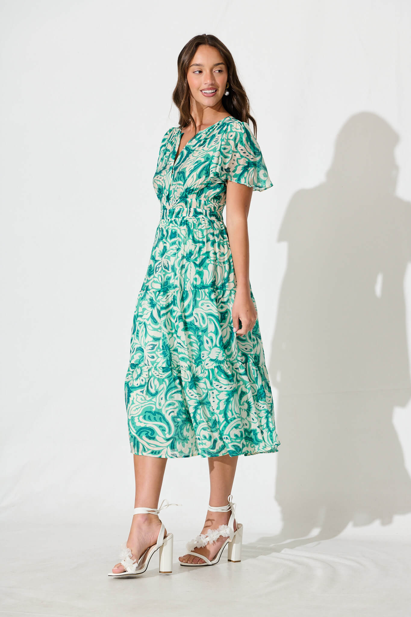Palm Springs Midi Dress in Green and White Print