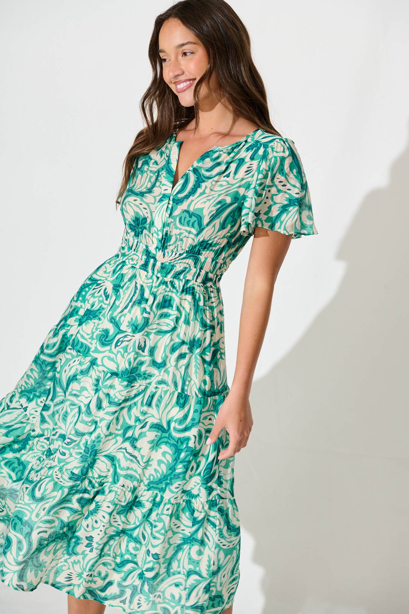 Palm Springs Midi Dress in Green and White Print