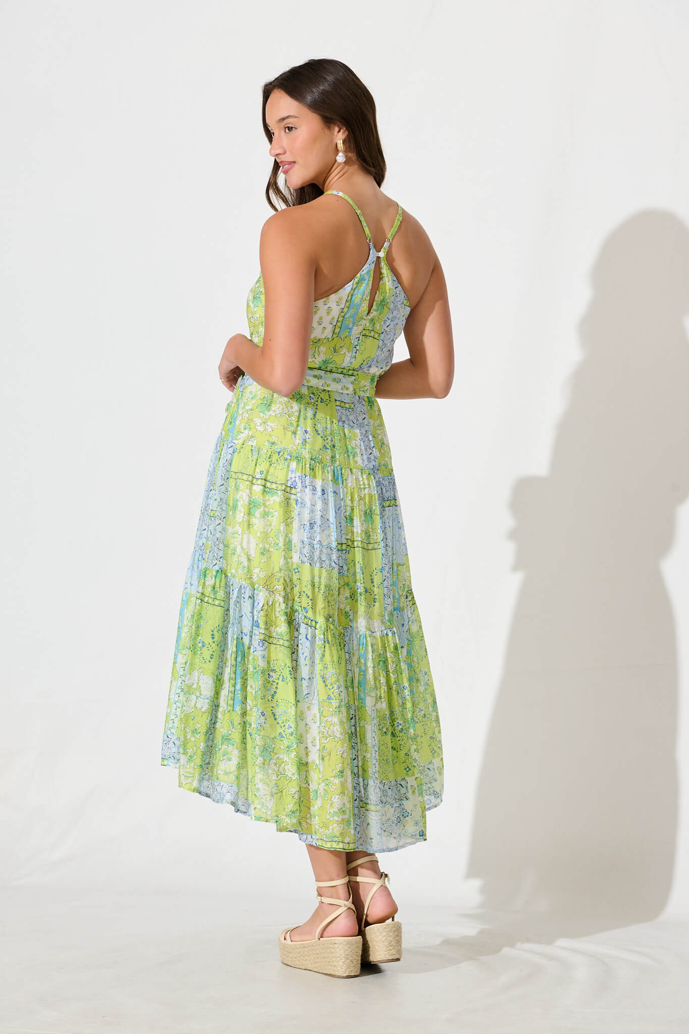 Besiana Midi Halter Neck Dress in Green Multi Patchwork