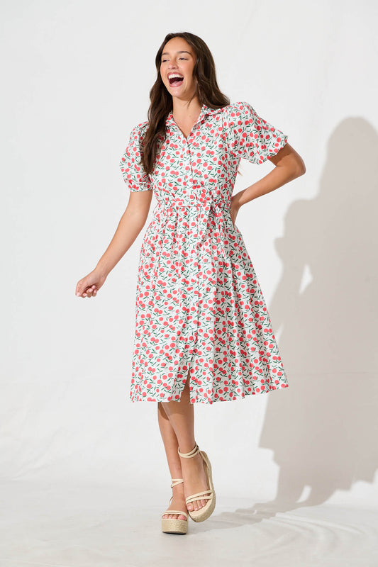 Delamere Midi Shirt Dress in White with Red Print Cotton