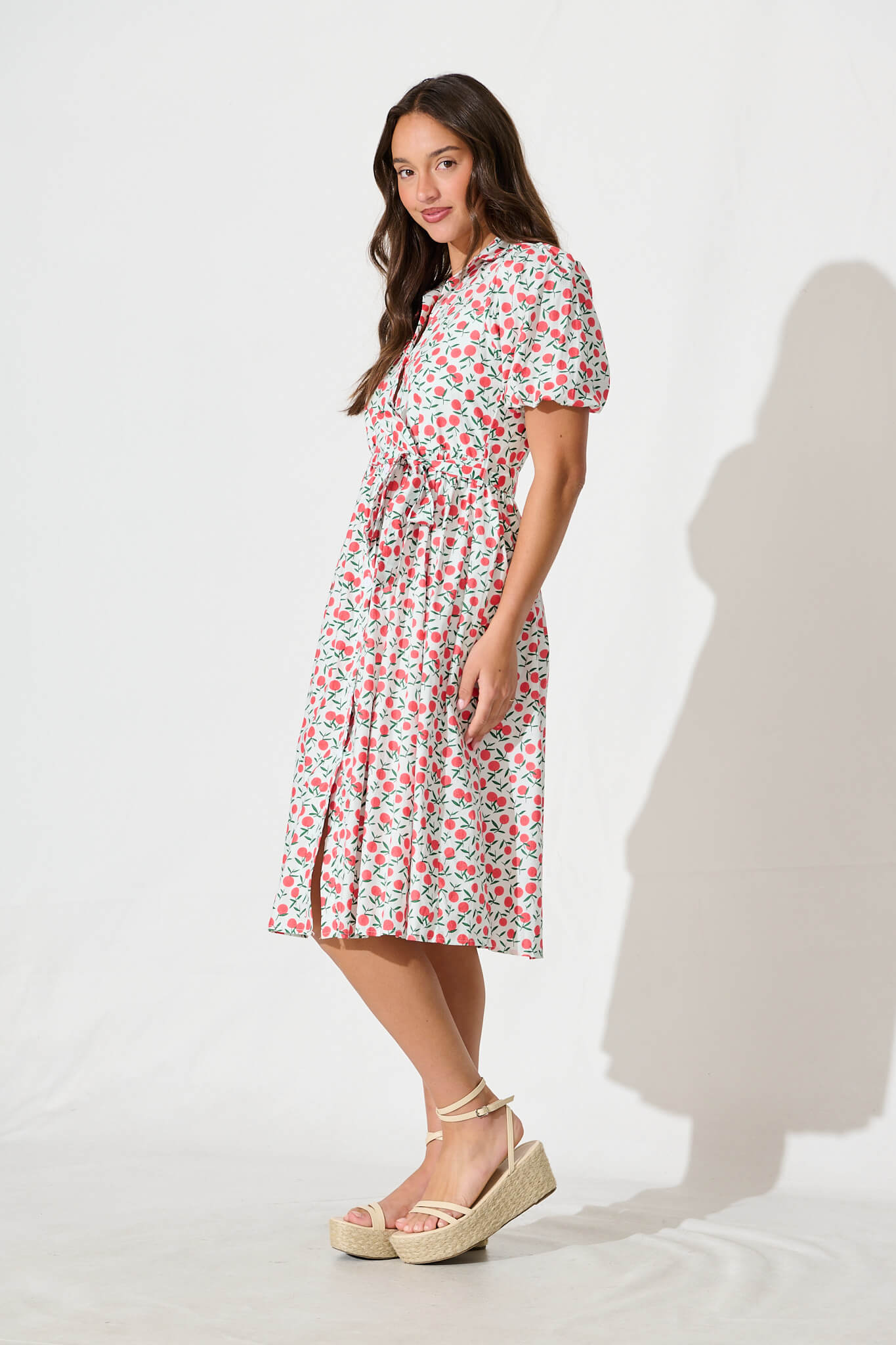 Delamere Midi Shirt Dress in White with Red Print Cotton