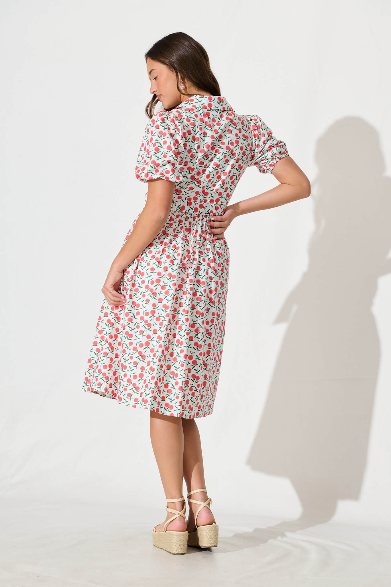 Delamere Midi Shirt Dress in White with Red Print Cotton