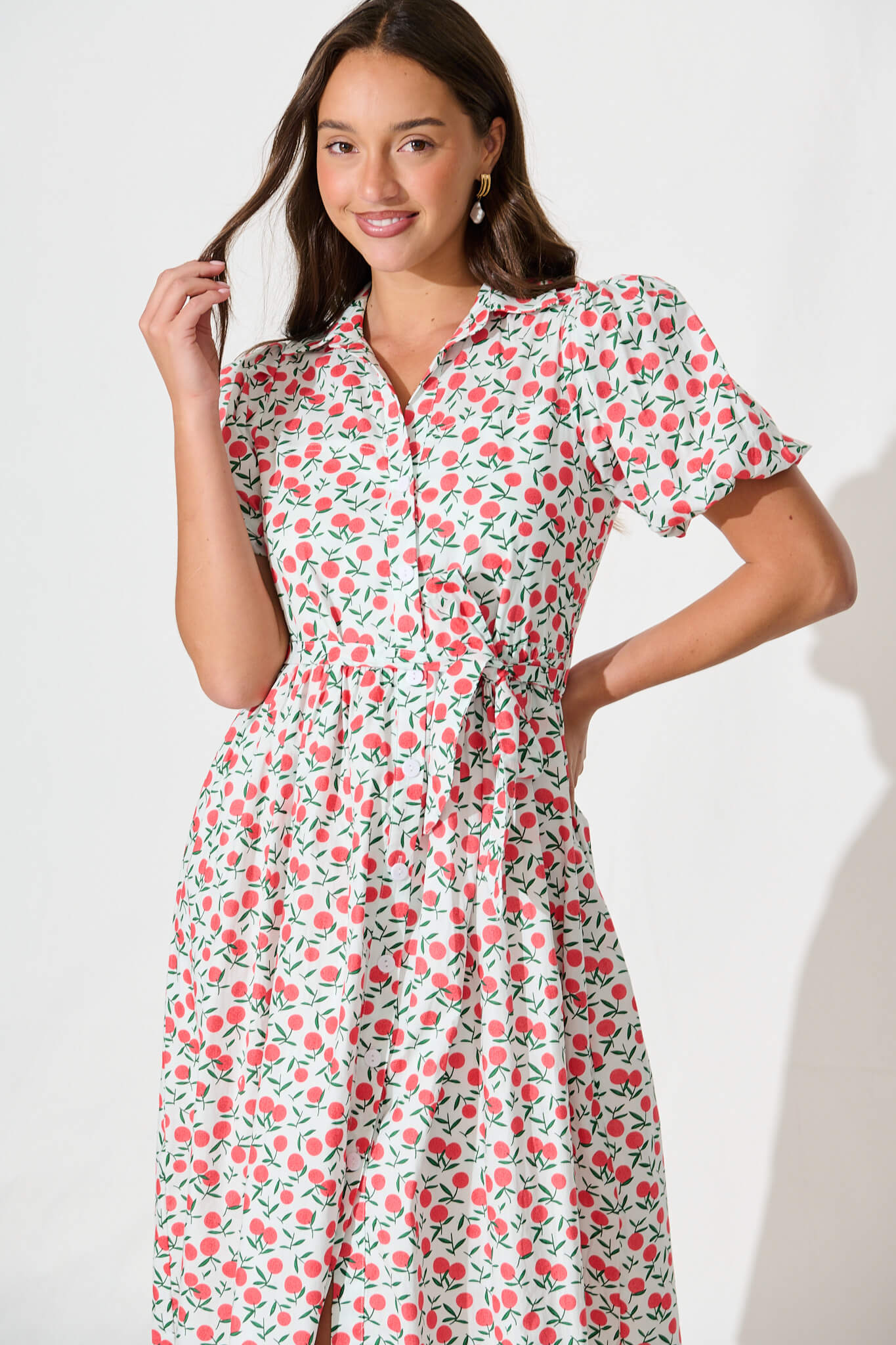 Delamere Midi Shirt Dress in White with Red Print Cotton