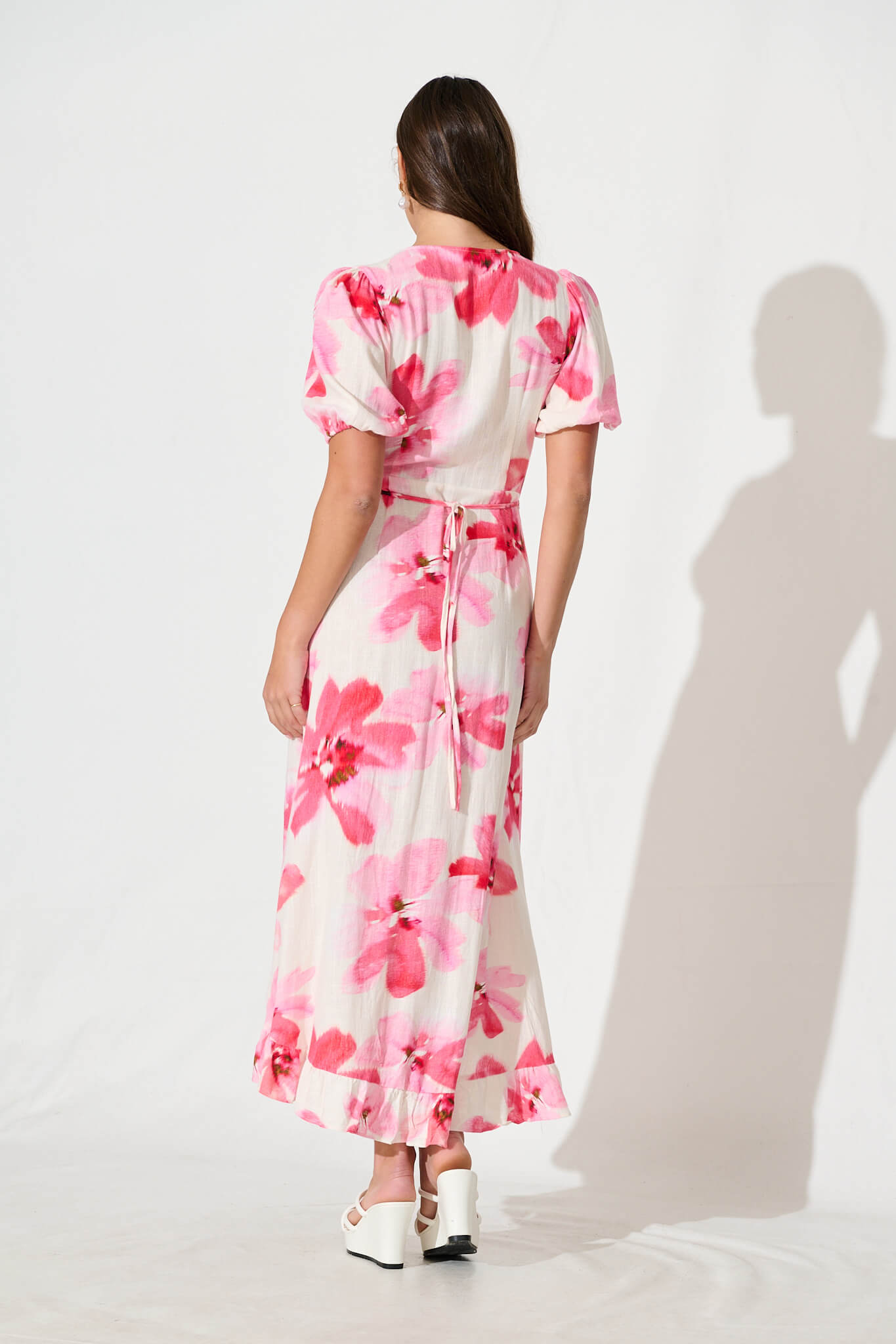 Annina Midi Wrap Dress in White with Pink Floral Linen Blend