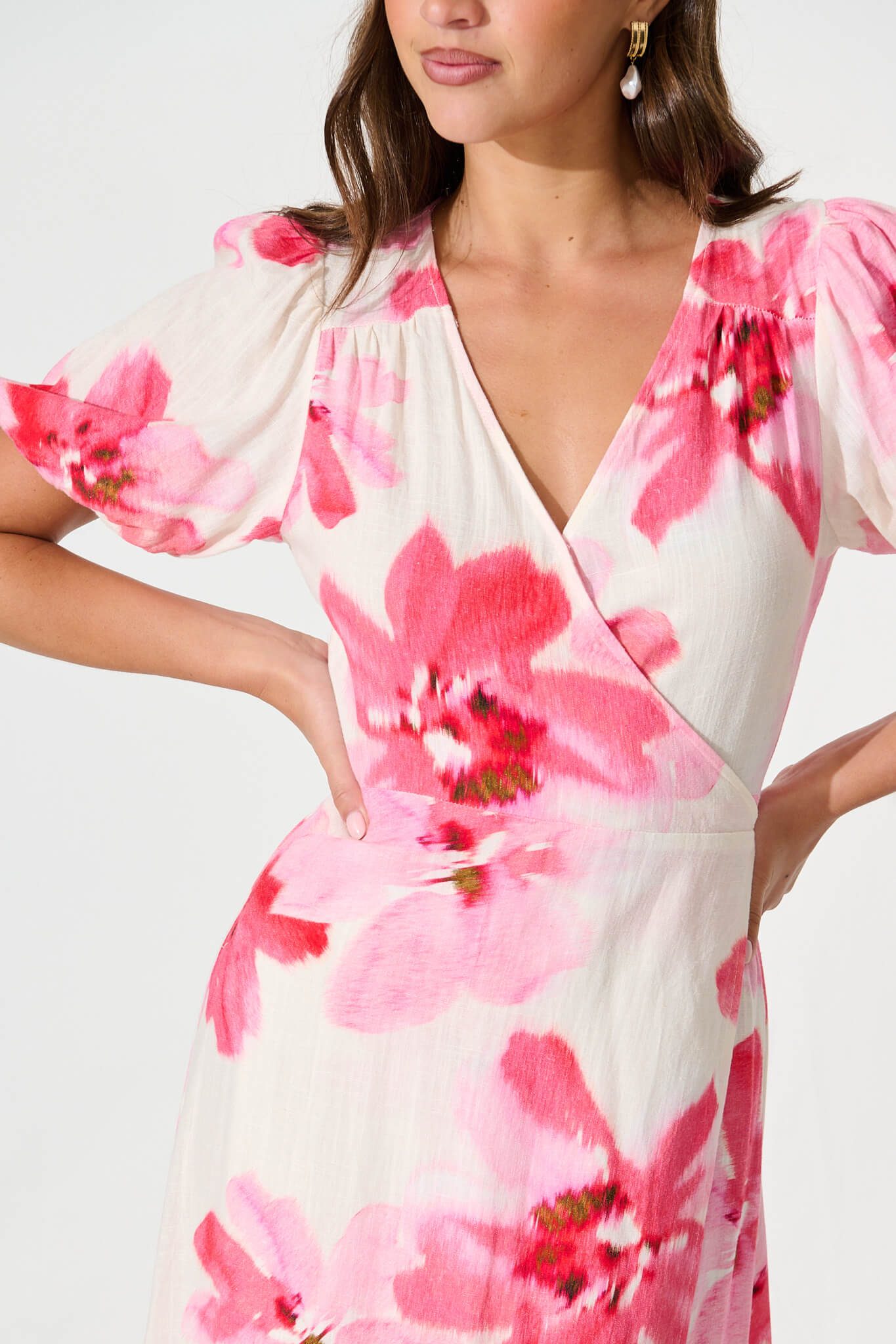 Annina Midi Wrap Dress in White with Pink Floral Linen Blend