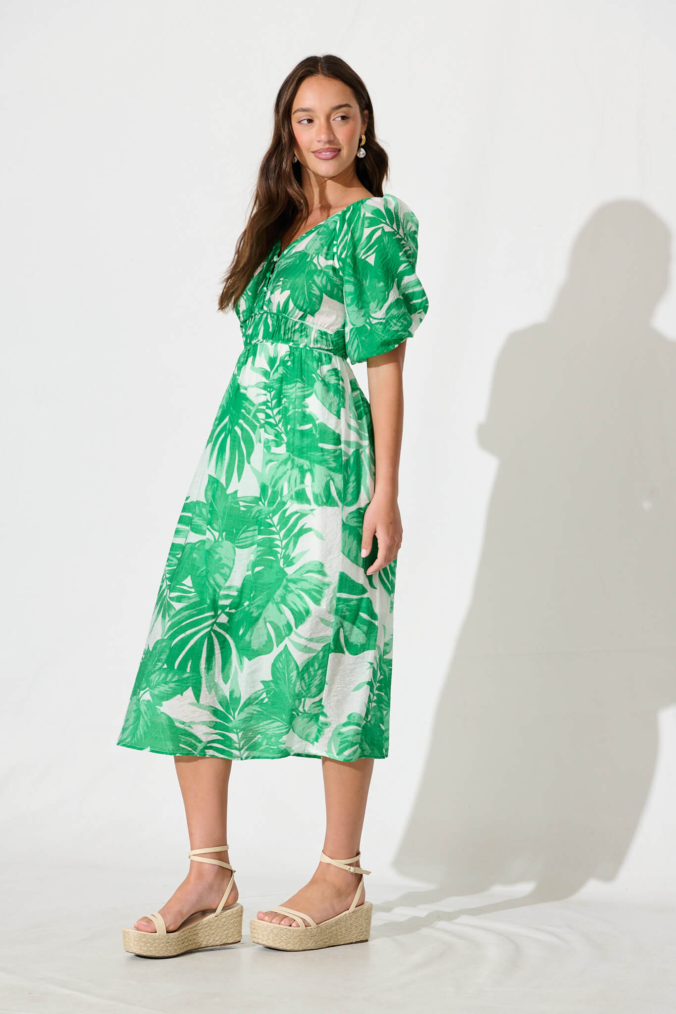 Lavita Midi Dress in Green Leaf Print