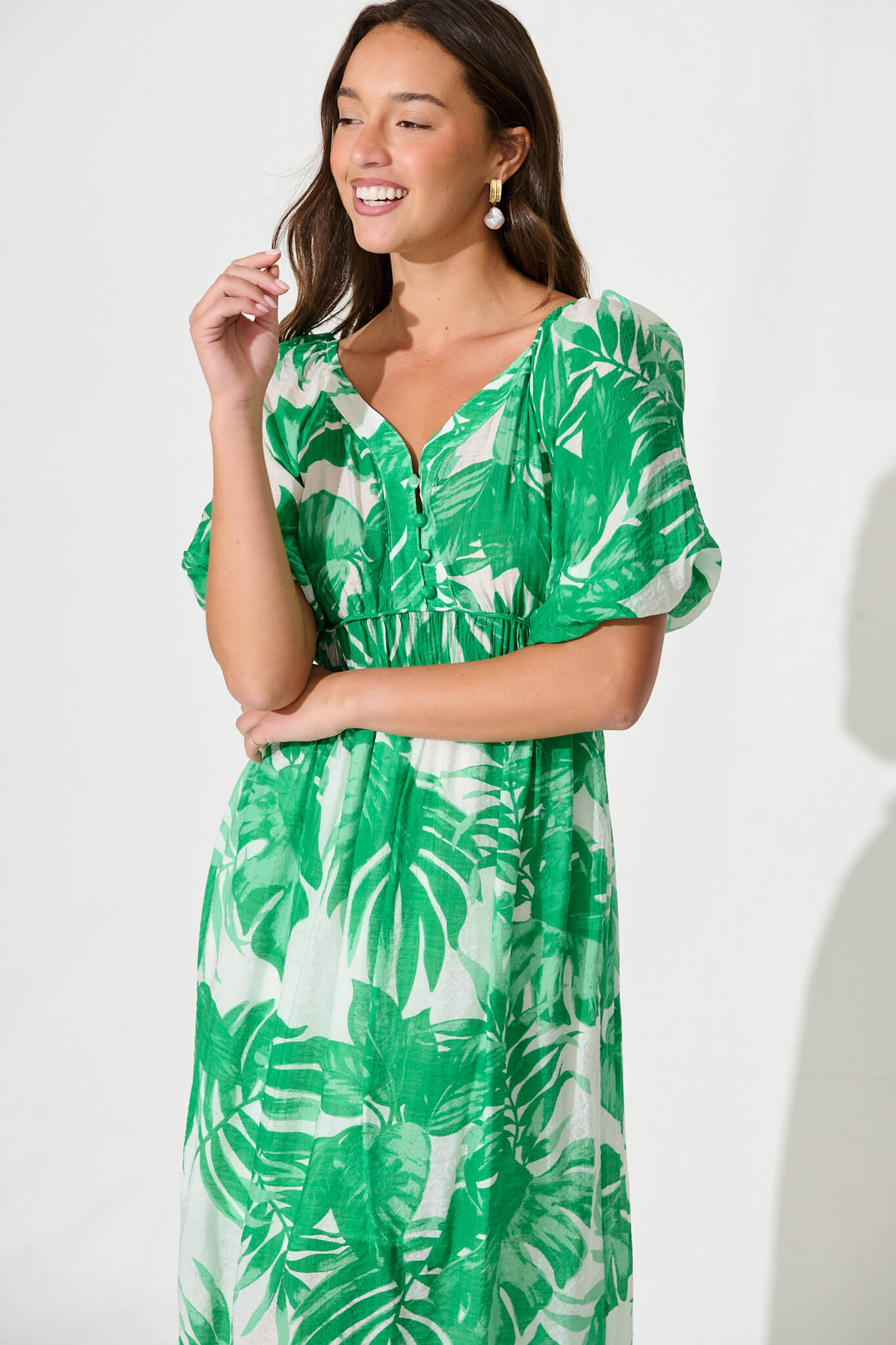Lavita Midi Dress in Green Leaf Print