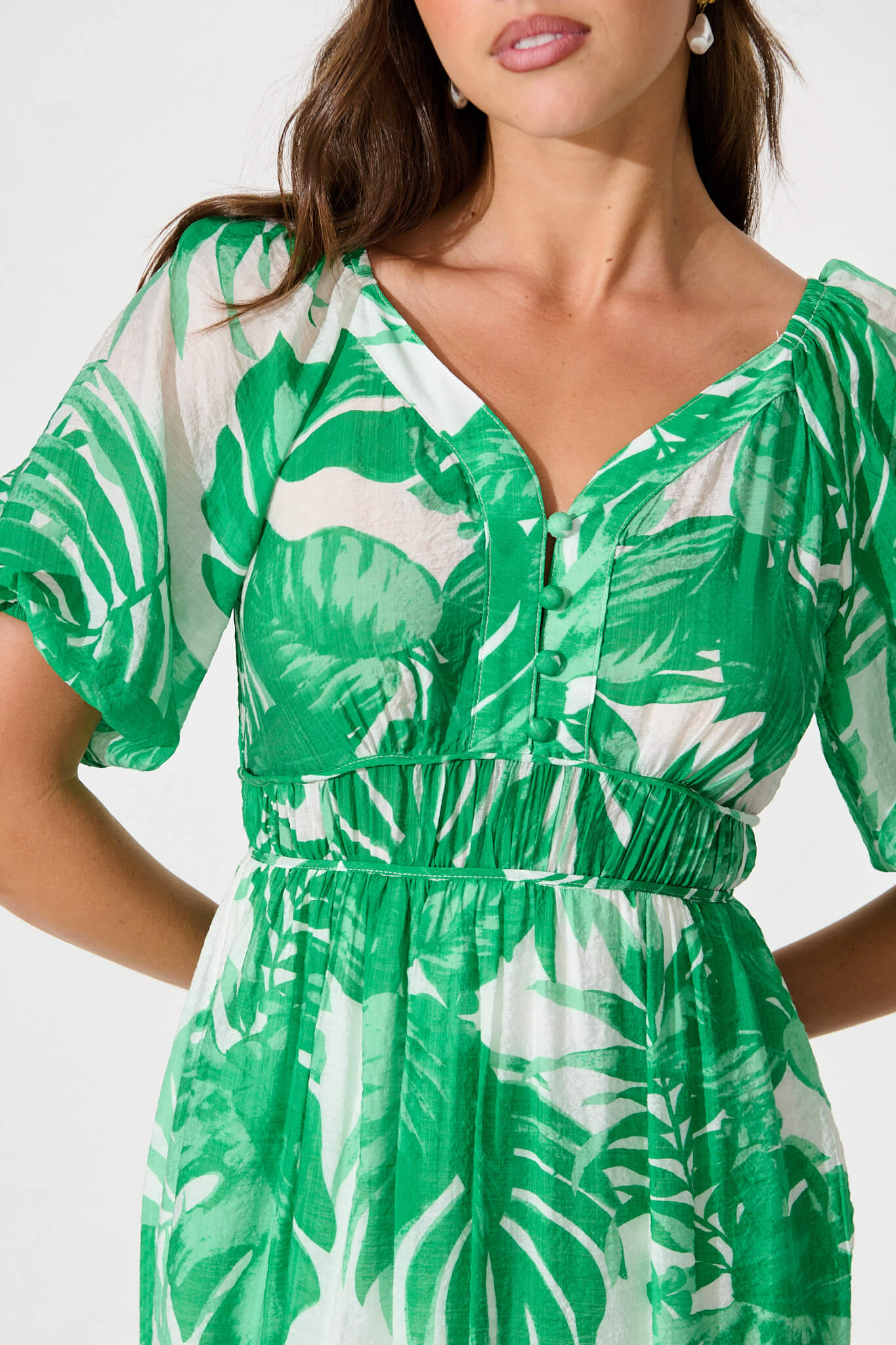 Lavita Midi Dress in Green Leaf Print