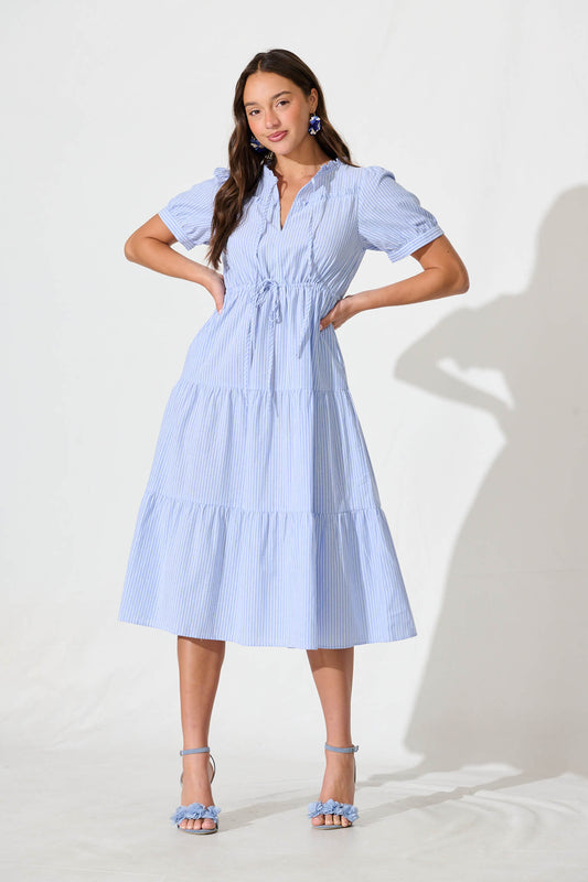 Micah Midi Dress in Blue and White Stripe Cotton Blend