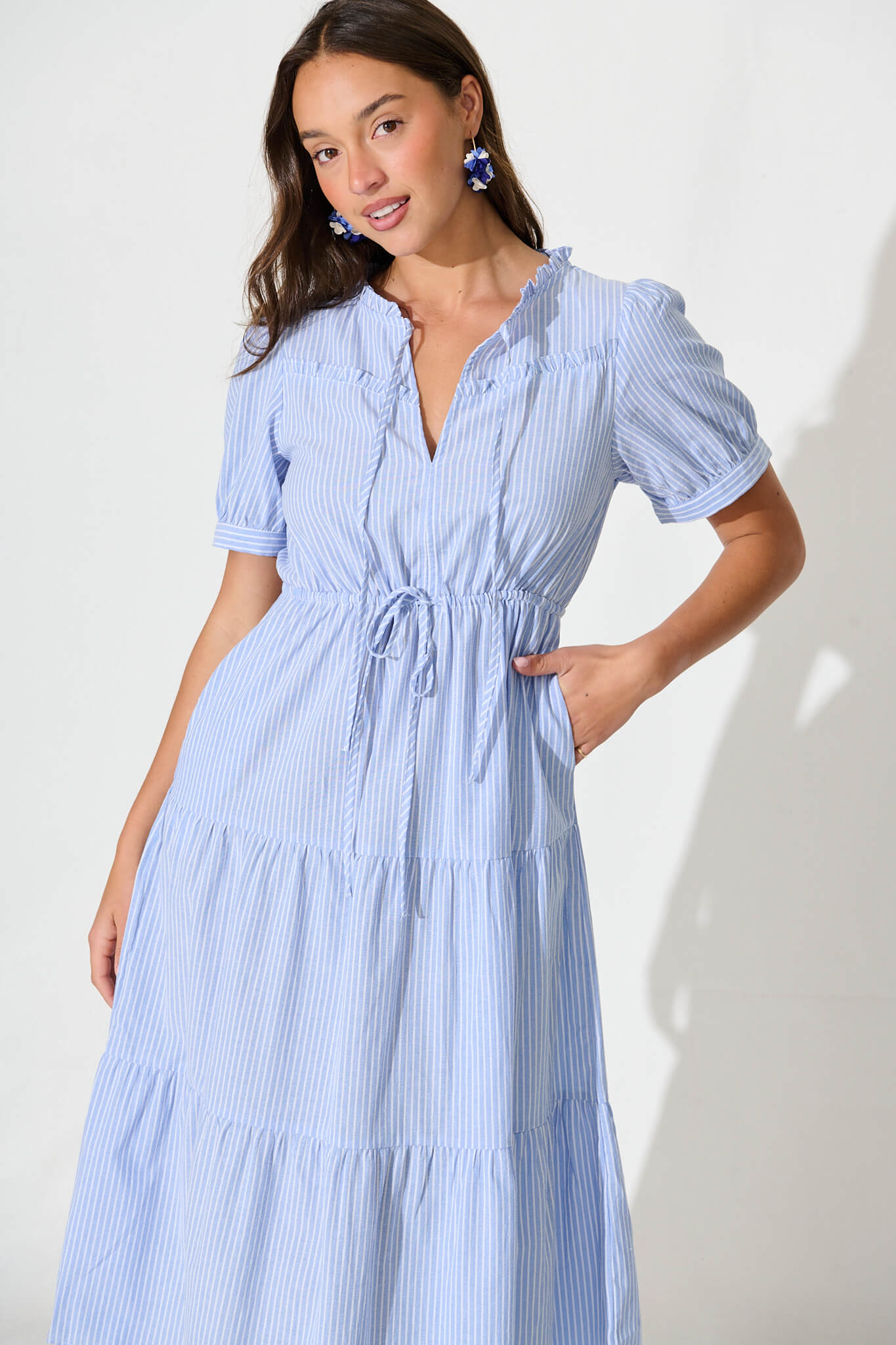 Micah Midi Dress in Blue and White Stripe Cotton Blend