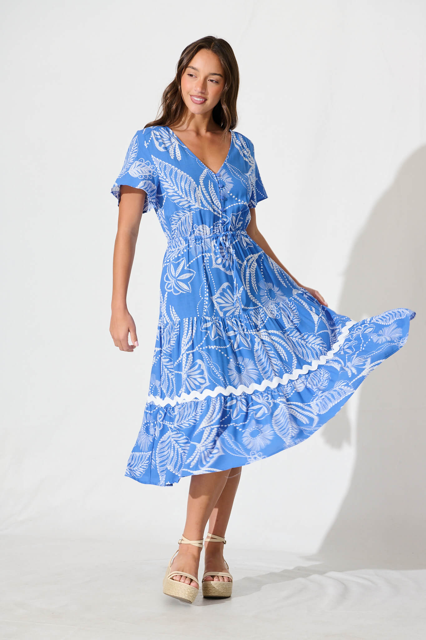 Laconia Midi Dress In Blue Print with Ric Rac Trim