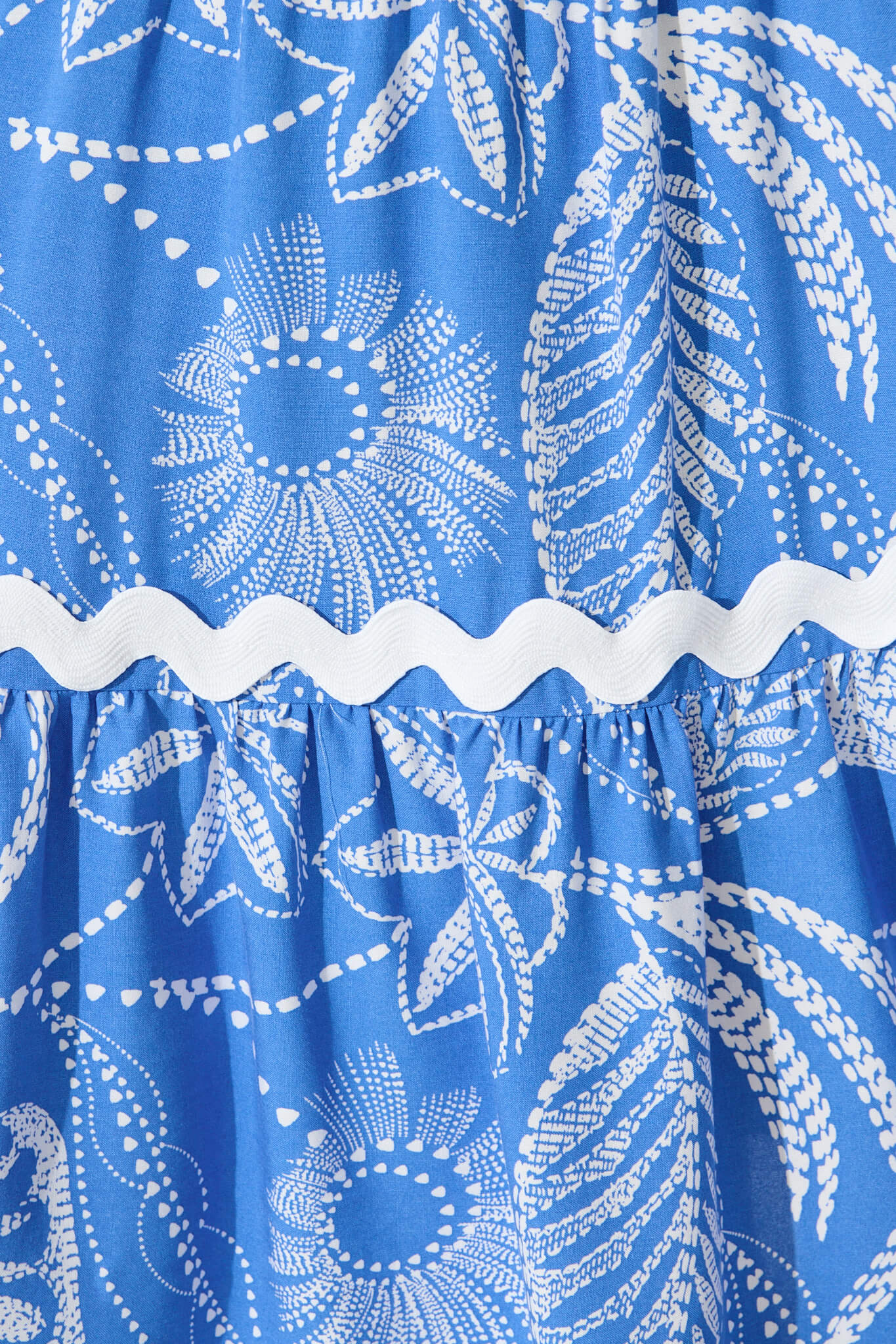 Laconia Midi Dress In Blue Print with Ric Rac Trim